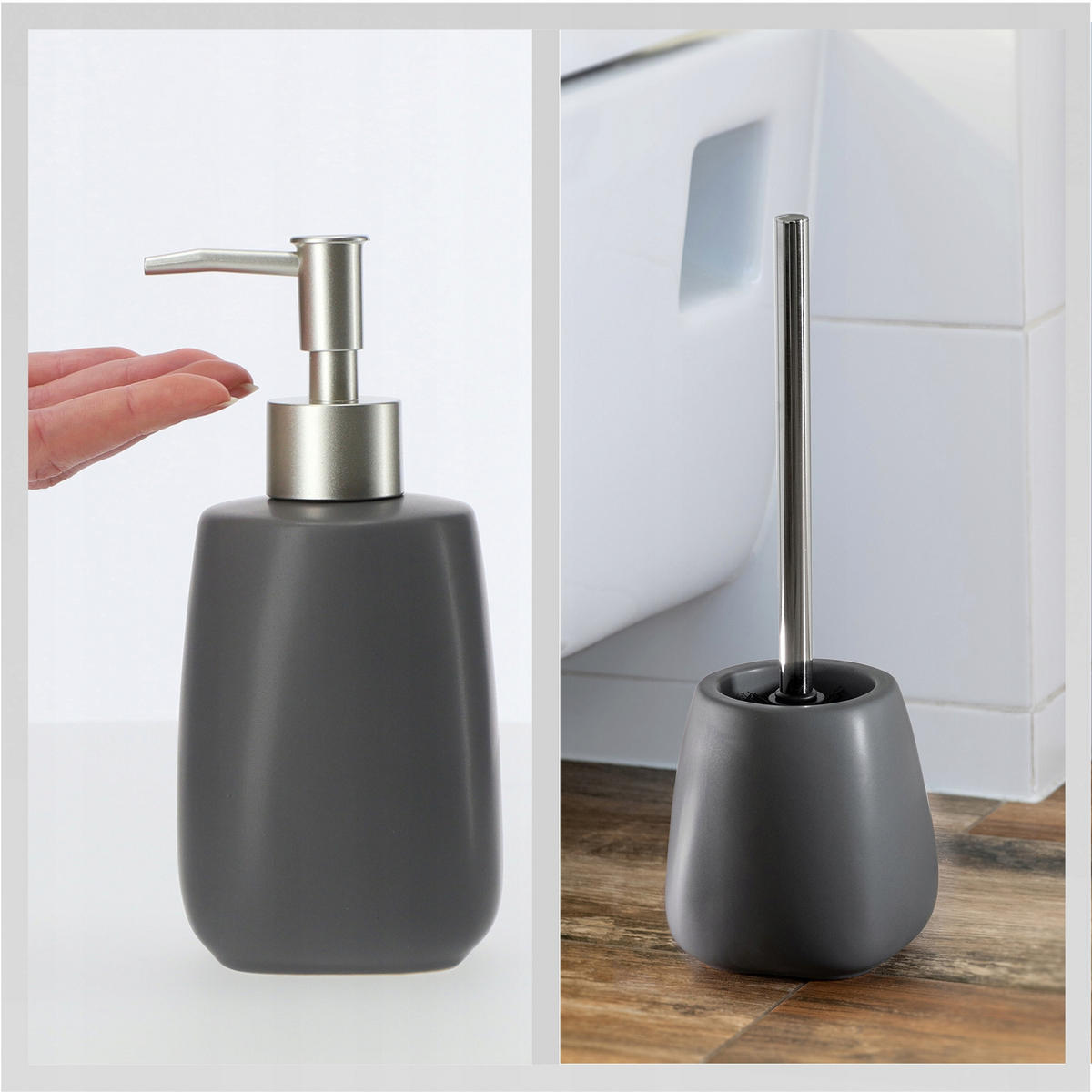 BADEZIMMERSET SEIFENSPENDER + WC-Bürstengarnitur, grau - Grau, Keramik/Kunststoff (12/36cm) - KADAX