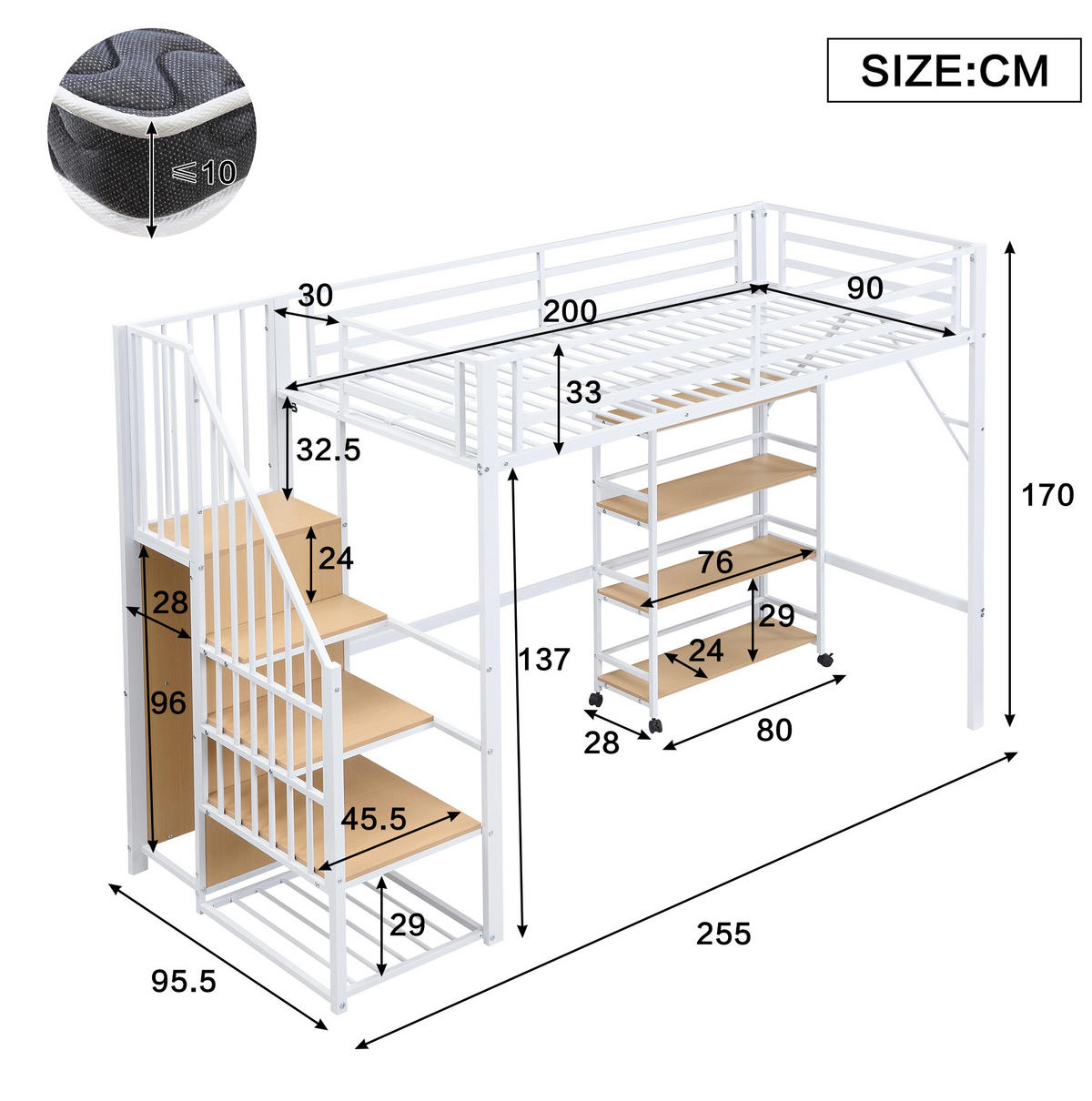 HOCHBETT 90/200 cm Weiß-Natur mit Sicherheitsgeländer und Eckleiterschrank aus Eisen und MDF - Weiß, Metall (90/200cm) - OKWISH