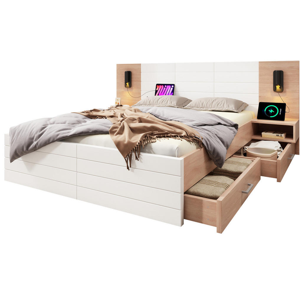 OKWISH DVOULŮŽKOVÁ postel 180/200 cm bílá a světlý dub z masivu a MDF s USB a nočními stolky
