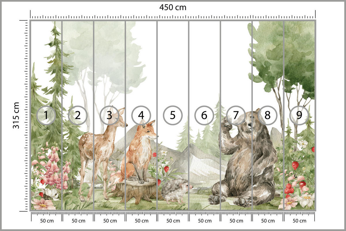 FOTOTAPETE für Kinderzimmer Aquarell Waldtiere Fuchs Reh Tragen 450x315 - Multicolor, Papier (450/315cm) - Muralo