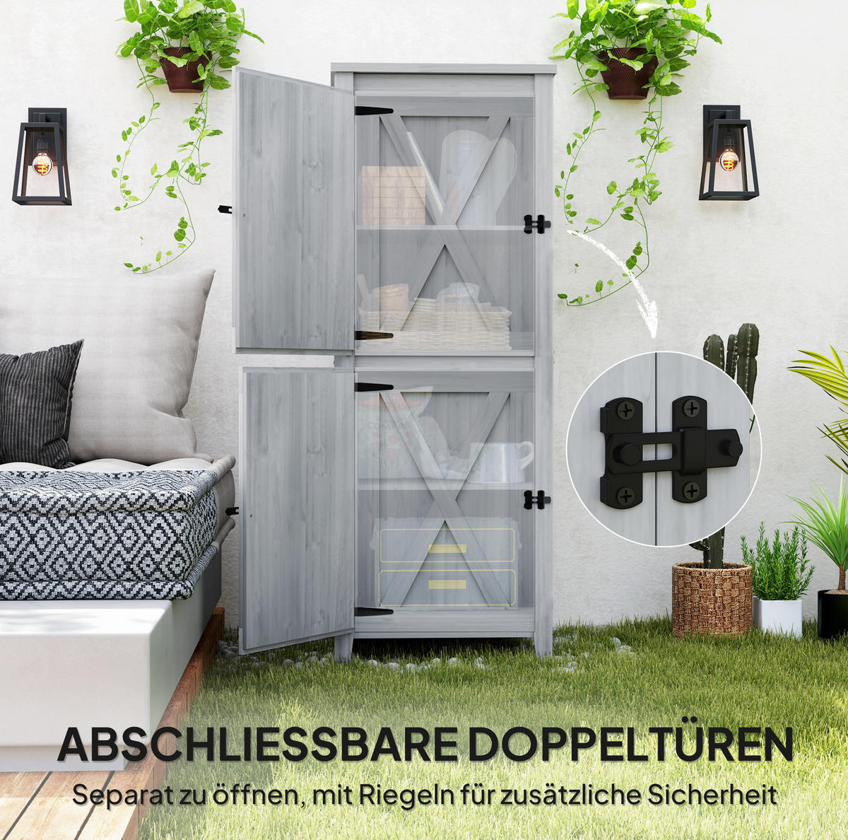GARTENSCHRANK aus Tannenholz 60x60x160 cm in Hellgrau mit 2 herausnehmbaren Regalen - Hellgrau, Holz (60/160/60cm) - Modfu