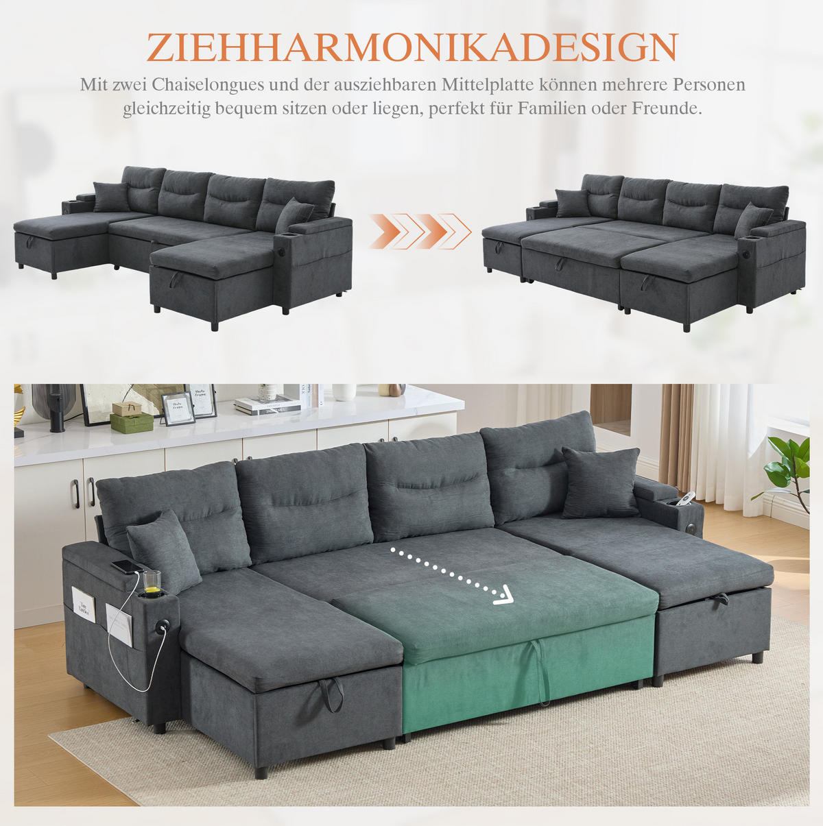 WOHNLANDSCHAFT Leinenstoff mit 2 Chaiselongues Stauraum und USB-Anschluss 272/136/86 cm Dunkelgrau - Dunkelgrau, Textil (136/86/272cm) - Redom