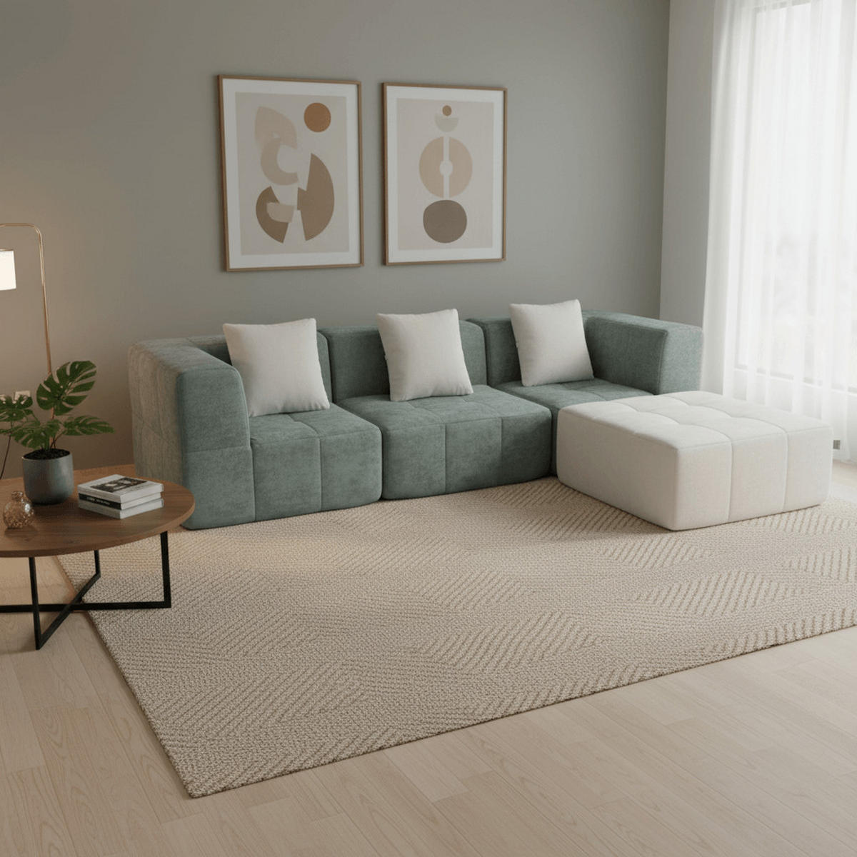 ECKSOFA Eden Komplett Salbei Weiß 3-Sitzer - Salbeigrün, Textil (272/71/92cm) - COCO Living