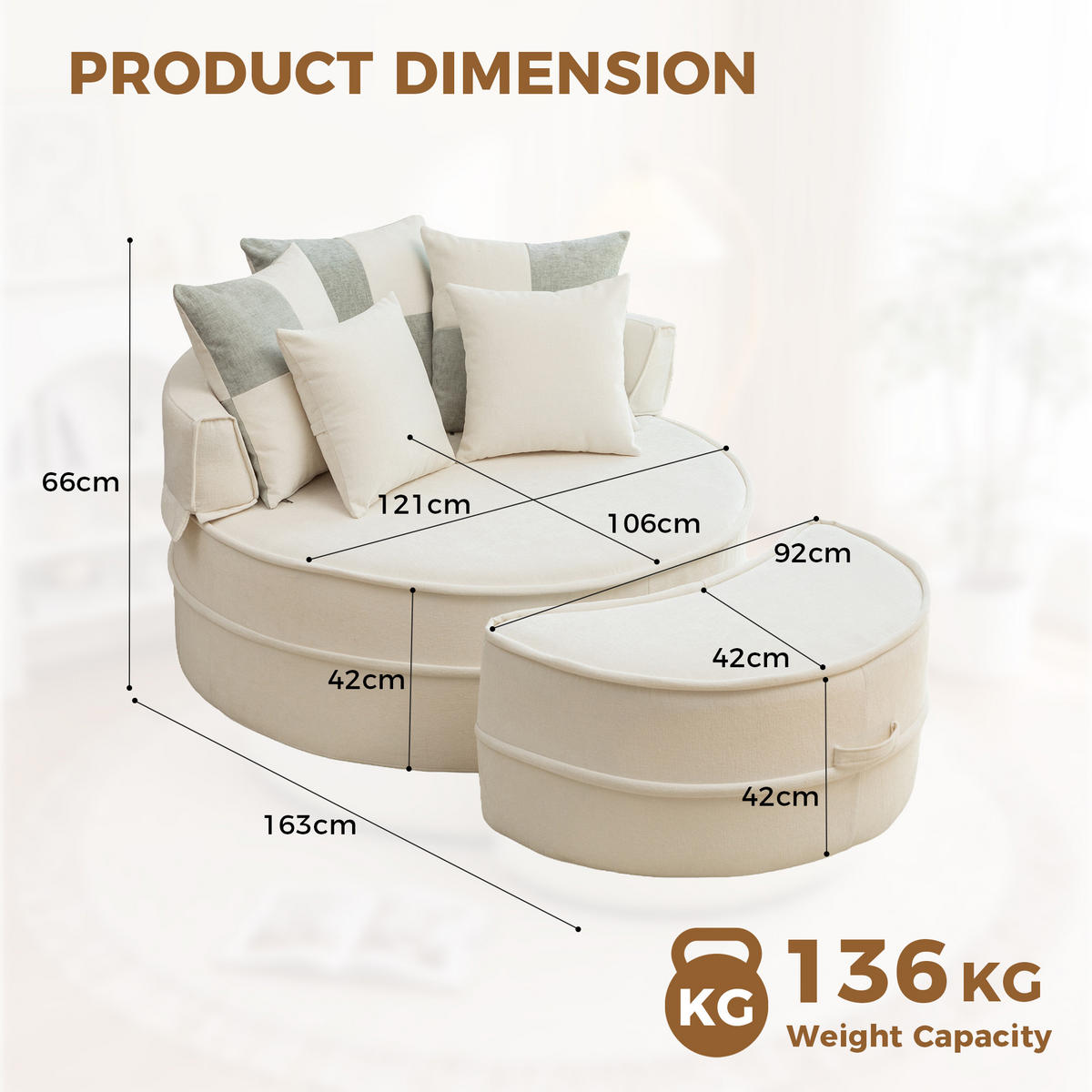 XXL-SESSEL DE-35026 mit Hocker und 5 Kissen Beige - Beige, Textil (121/66/163cm) - ComfortXL