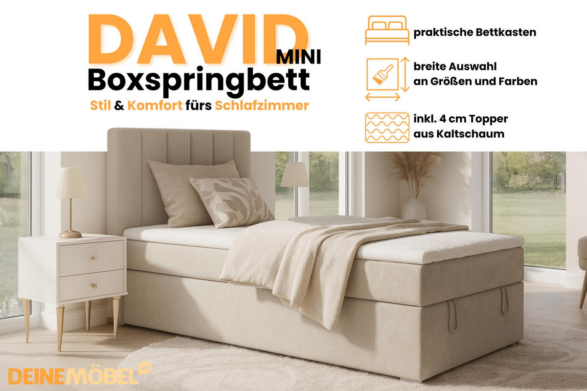 BOXBETT DAVID MINI 100/200 in Velours Ecru H4 - Ecru, Holz/Holzwerkstoff (100/200cm) - Deine Möbel 24