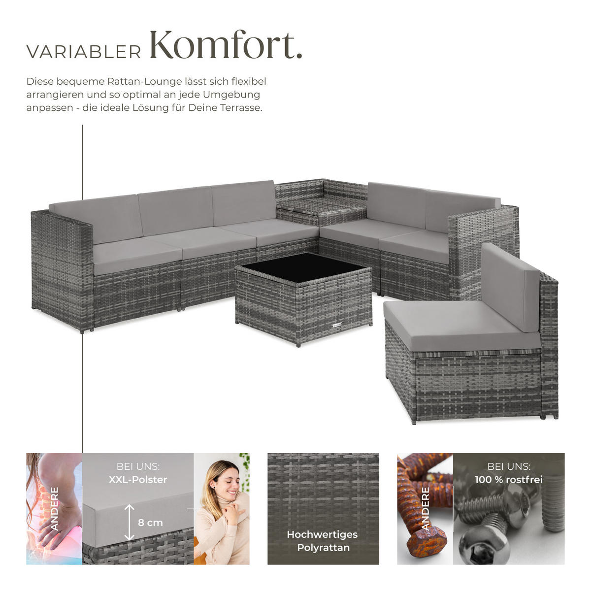 RATTANLOUNGE Verona, mit Sicherheitsglasplatte, grau - Grau, Kunststoff - tectake