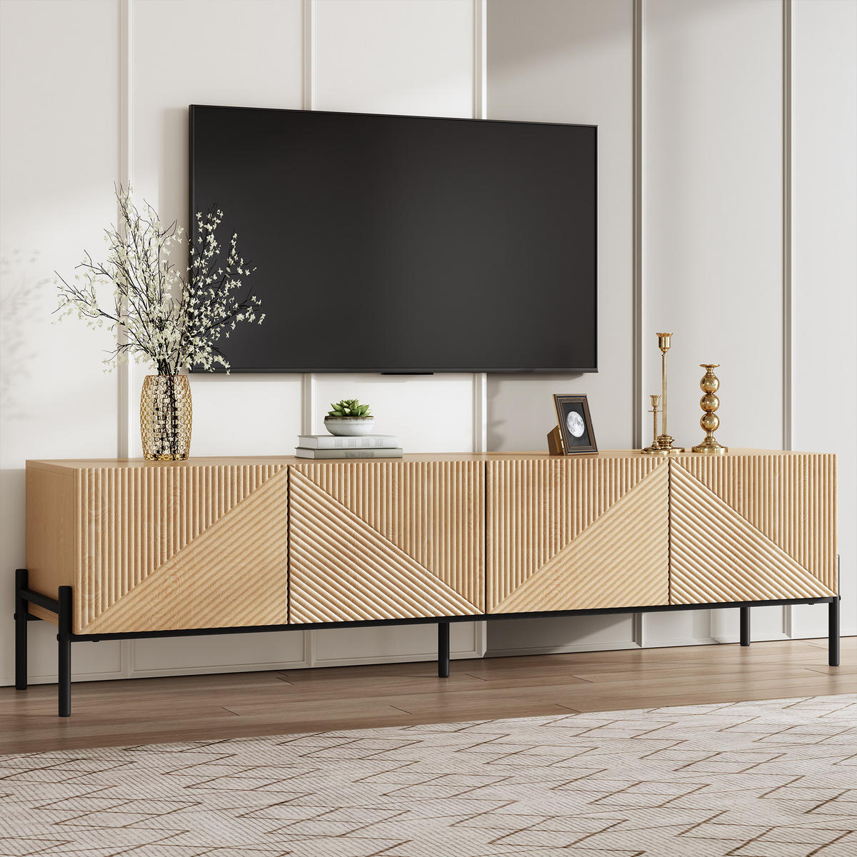 TV-SCHRANK Natur 163,5/40/45 cm mit 4 Türen und 3D-Textur - Honigeiche, Karton (40/45/163.5cm) - PANGIVO