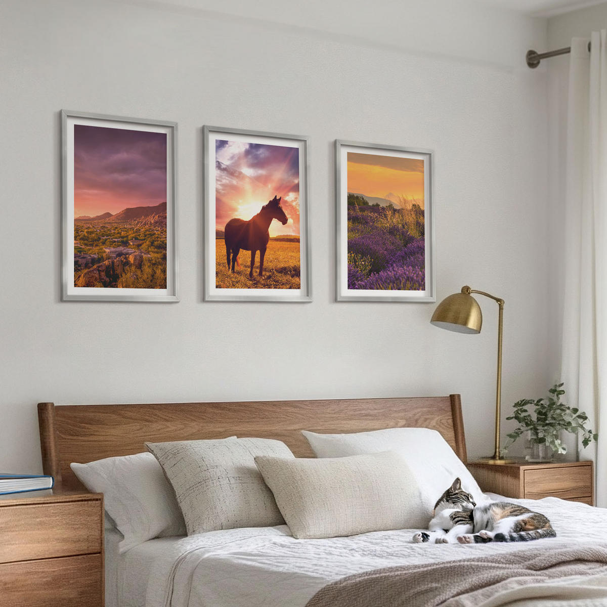WANDBILDER 3er Set - 40x60 cm Silberner Rahmen - Berglandschaft mit einem Pferd - Silberfarben, Kunststoff (40/60cm) - ArtPrintCave