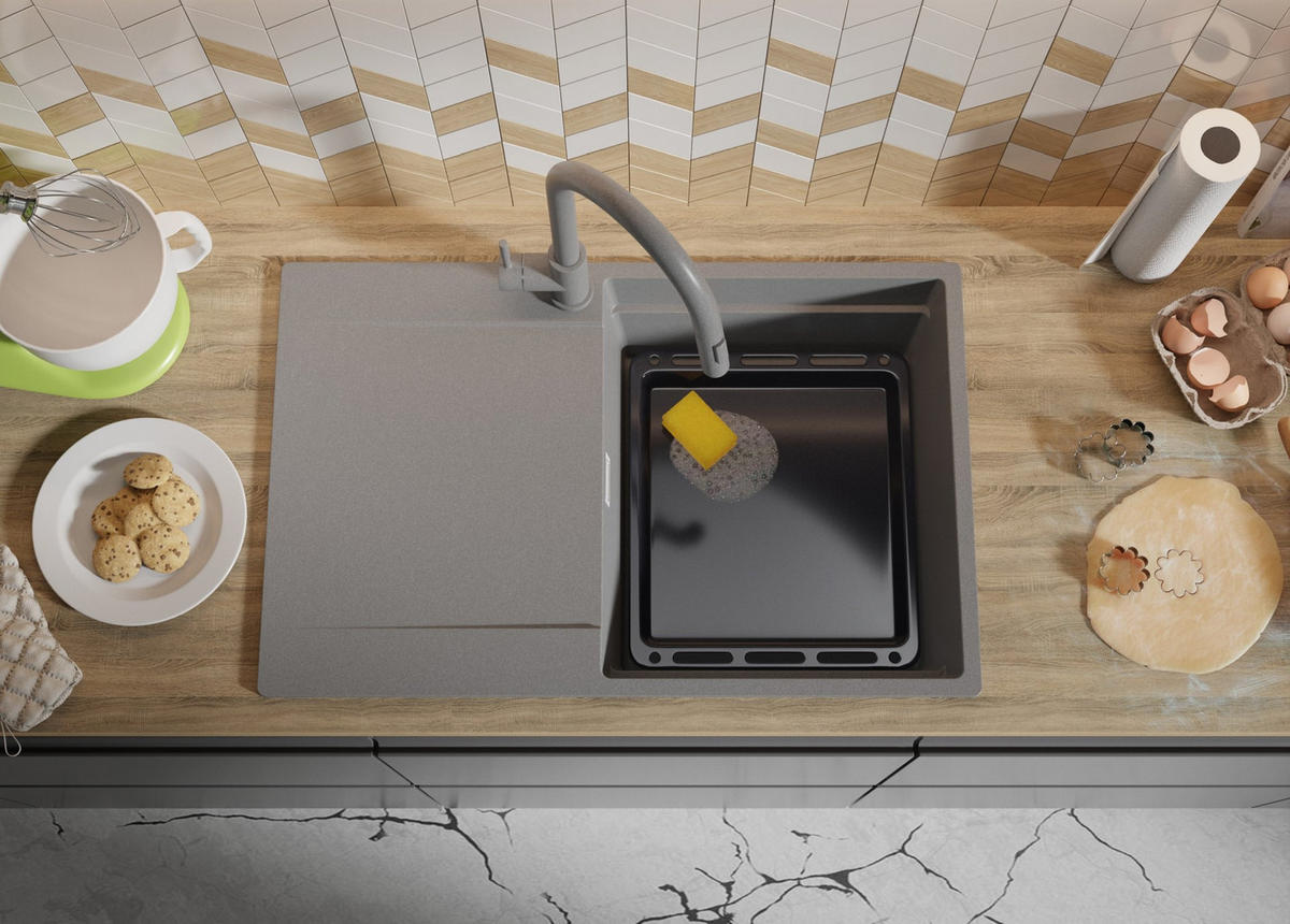 SPÜLBECKEN San Francisco, 2-er set Grau 78/50 cm 1 Becken + Ablauf-Set + Aufrollbare Abtropffläche ab 50er Unterschrank - Chromfarben/Grau, Kunststoff (78/20/50cm) - Primagran