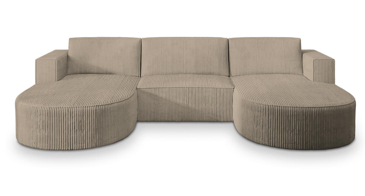 WOHNLANDSCHAFT VEZZO P Beige Kordstoff mit Schlaffunktion - Beige, Holz (347/85/174cm) - MASSENO