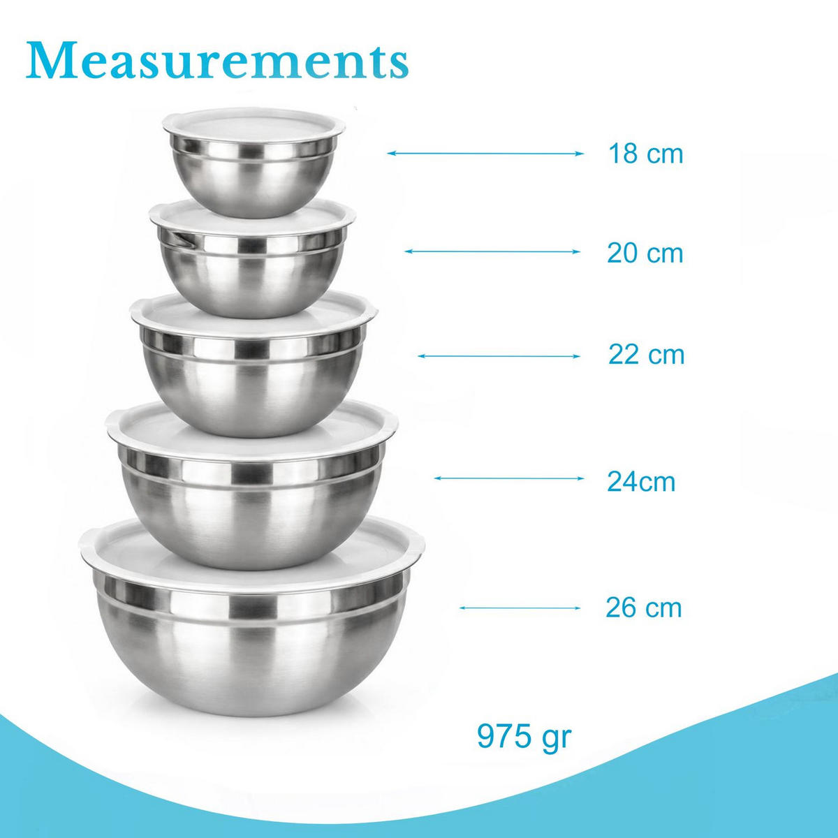 SALAT RÜHRSCHÜSSEL Set mit Deckeln in verschiedenen Größen (5-tlg.) - Silberfarben, Metall (22cm) - Intirilife