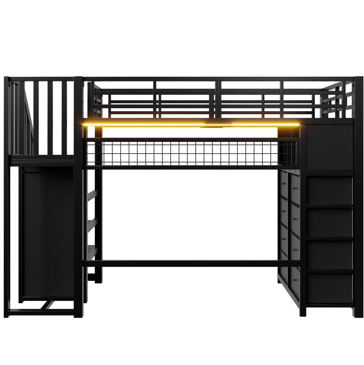 HOCHBETT Metall/MDF 90x200 cm Schwarz mit 8 Schubladen, Treppe, Kleiderschrank und LED - Schwarz, Holzwerkstoff (90/200cm) - Modfu