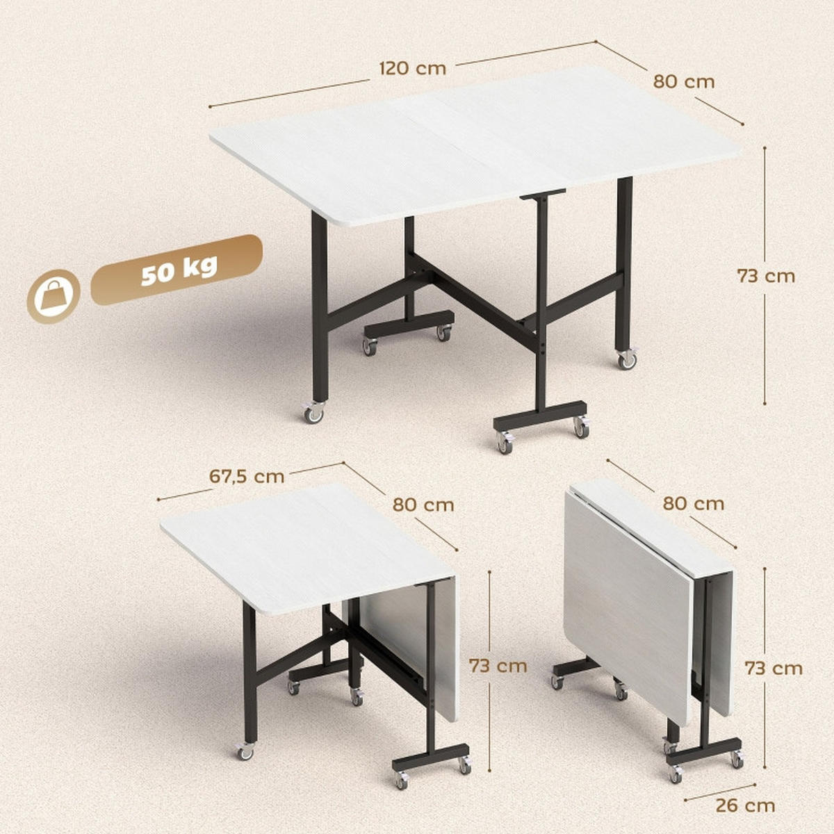 ESSTISCH klappbar 120x80x73 cm, mobiler Tisch mit Rollen & Bremsen, Holzwerkstoff, max. Belastbarkeit 50 kg, weiß - Weiß, Holzwerkstoff (80/120/73cm) - Joyfair