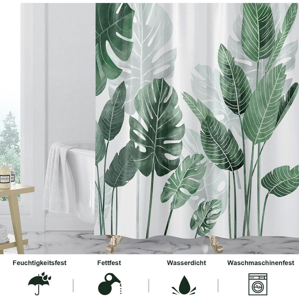 DUSCHVORHANG mit Pflanzenmuster 180 x 200 cm - Grün, Textil (180/200cm)
