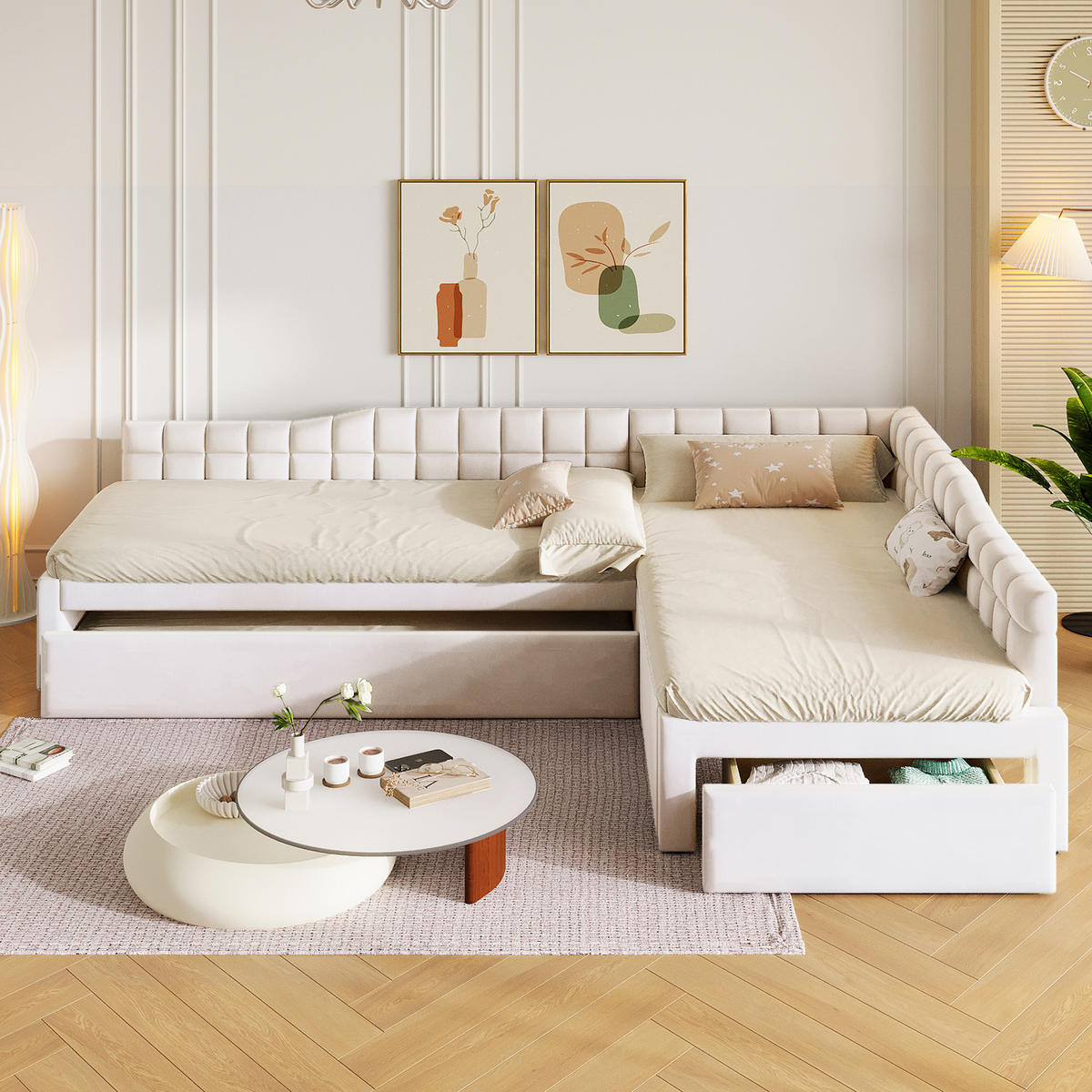 POLSTERBETT 90/200 cm & 90/200 cm in Beige mit Ausziehbett, Schubladen und Samtbezug - Beige, Holzwerkstoff/Textil (90/200cm) - STILVORA