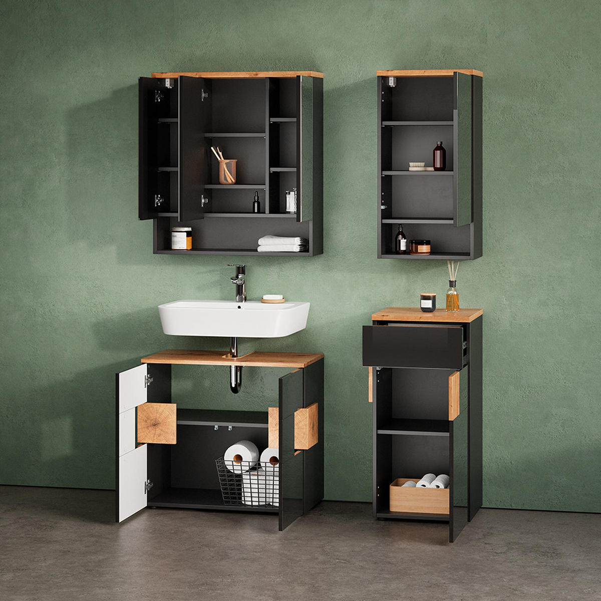 BADMÖBEL-SET Tanaro Anthrazit 2 Teile - Anthrazit/Eiche Artisan, Holzwerkstoff (73/64/37cm) - Livinity®