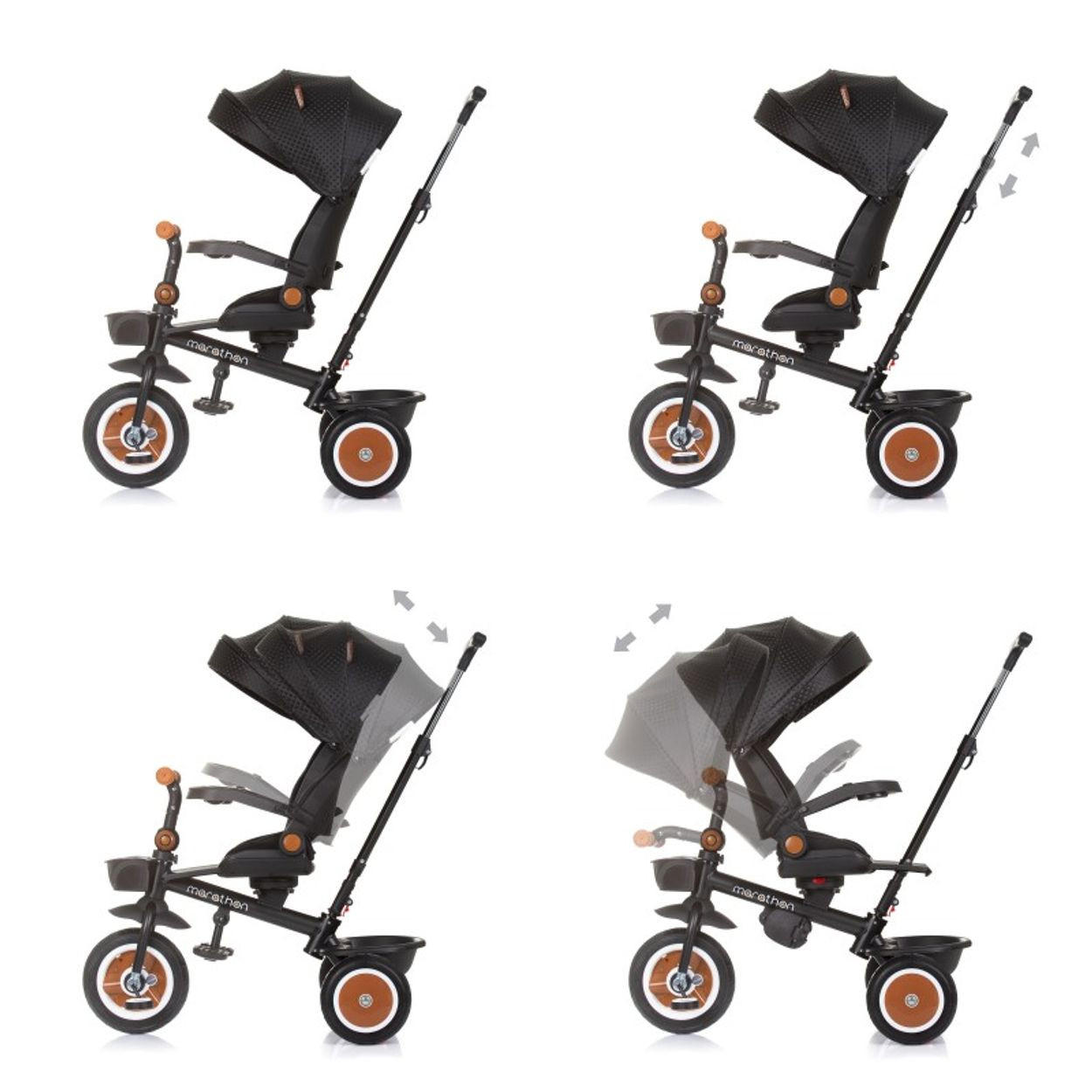 DREIRAD Marathon 2 in 1 schwarz Dreirad, Sitz umkehrbar, Gummiräder, Dach - Schwarz, Metall (92/46/99cm) - Chipolino