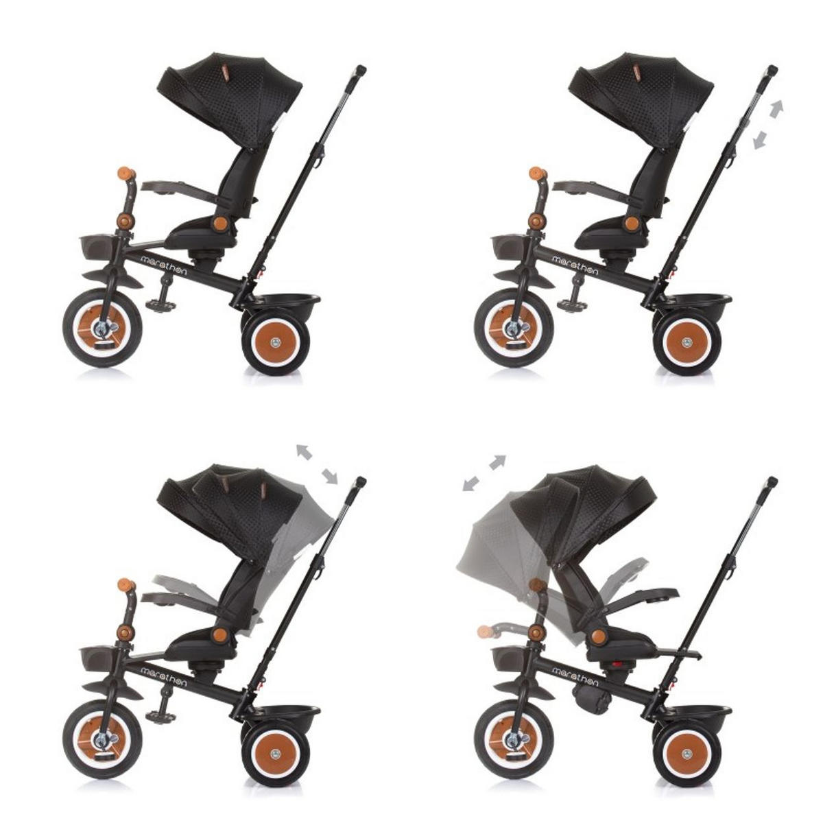 DREIRAD Marathon 2 in 1 schwarz Dreirad, Sitz umkehrbar, Gummiräder, Dach - Schwarz, Metall (92/46/99cm) - Chipolino