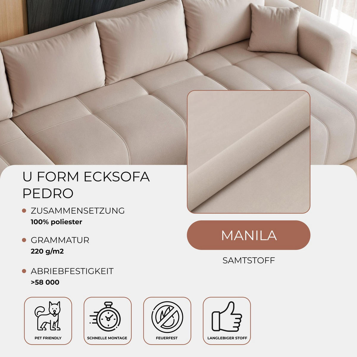 WOHNLANDSCHAFT U-Form Velours mit Bettkasten und Schlaffunktion - Beige, Holzwerkstoff/Textil (318/79/145cm) - Idohome