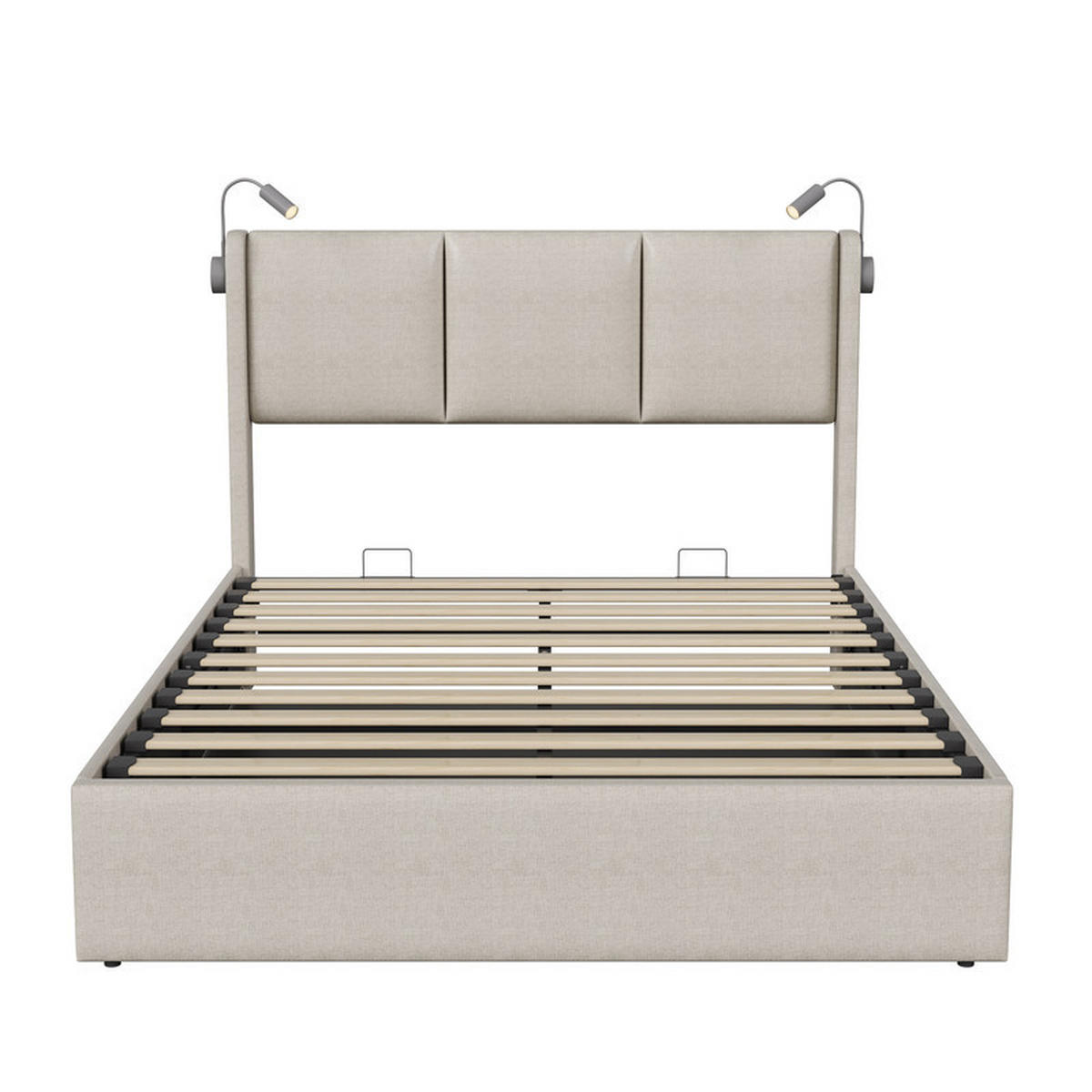POLSTERBETT 160x200 cm mit Stauraum, Ladestation, Kopfteillampe - Beige, Holzwerkstoff/Textil (160/200cm) - WoodenAura