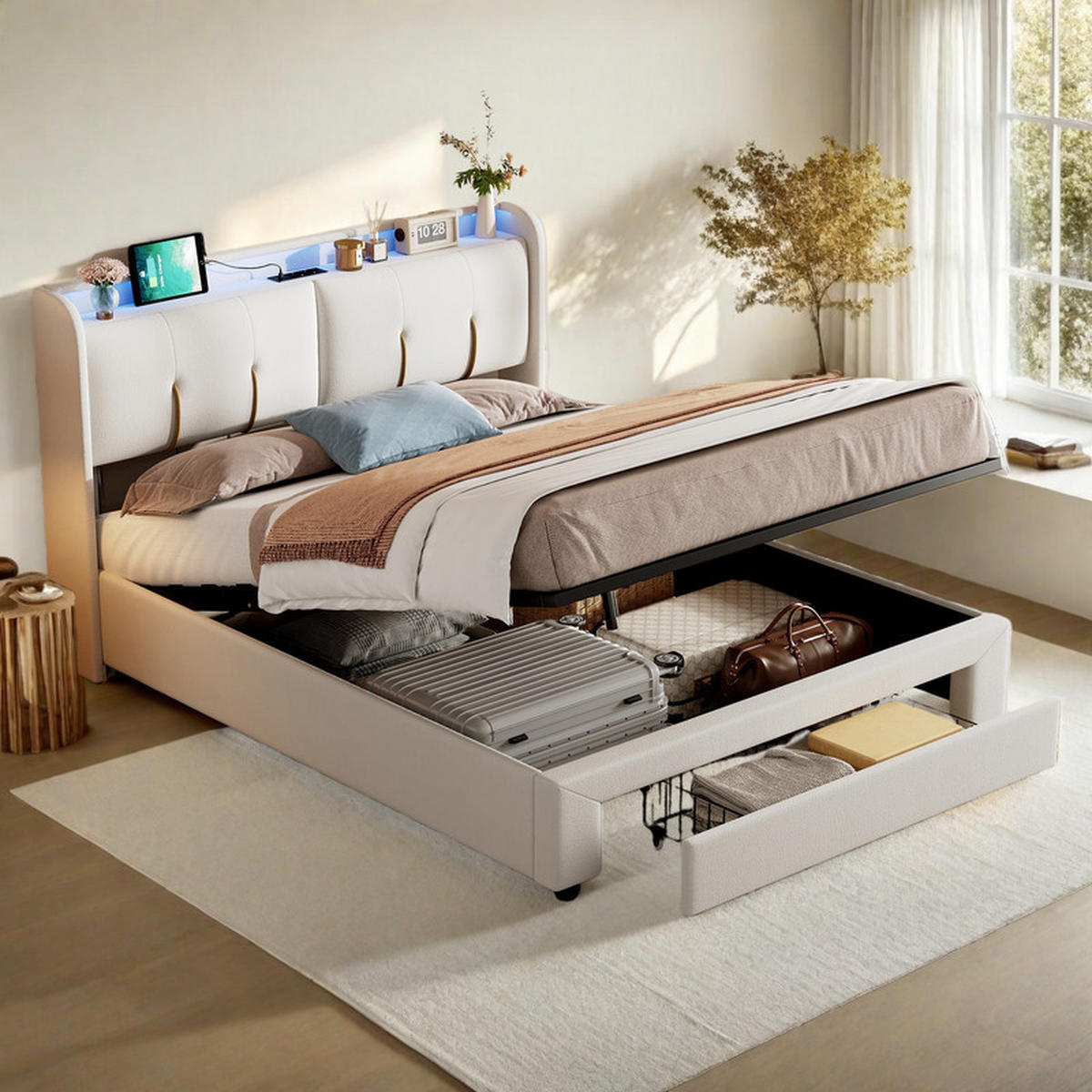 POLSTERBETT 160x200cm, Beige, Samt, mit LED-Lichtleiste und USB-Ladeanschluss, Schubladen, ohne Matratze - Beige, Holz (160/200cm) - WoodenAura