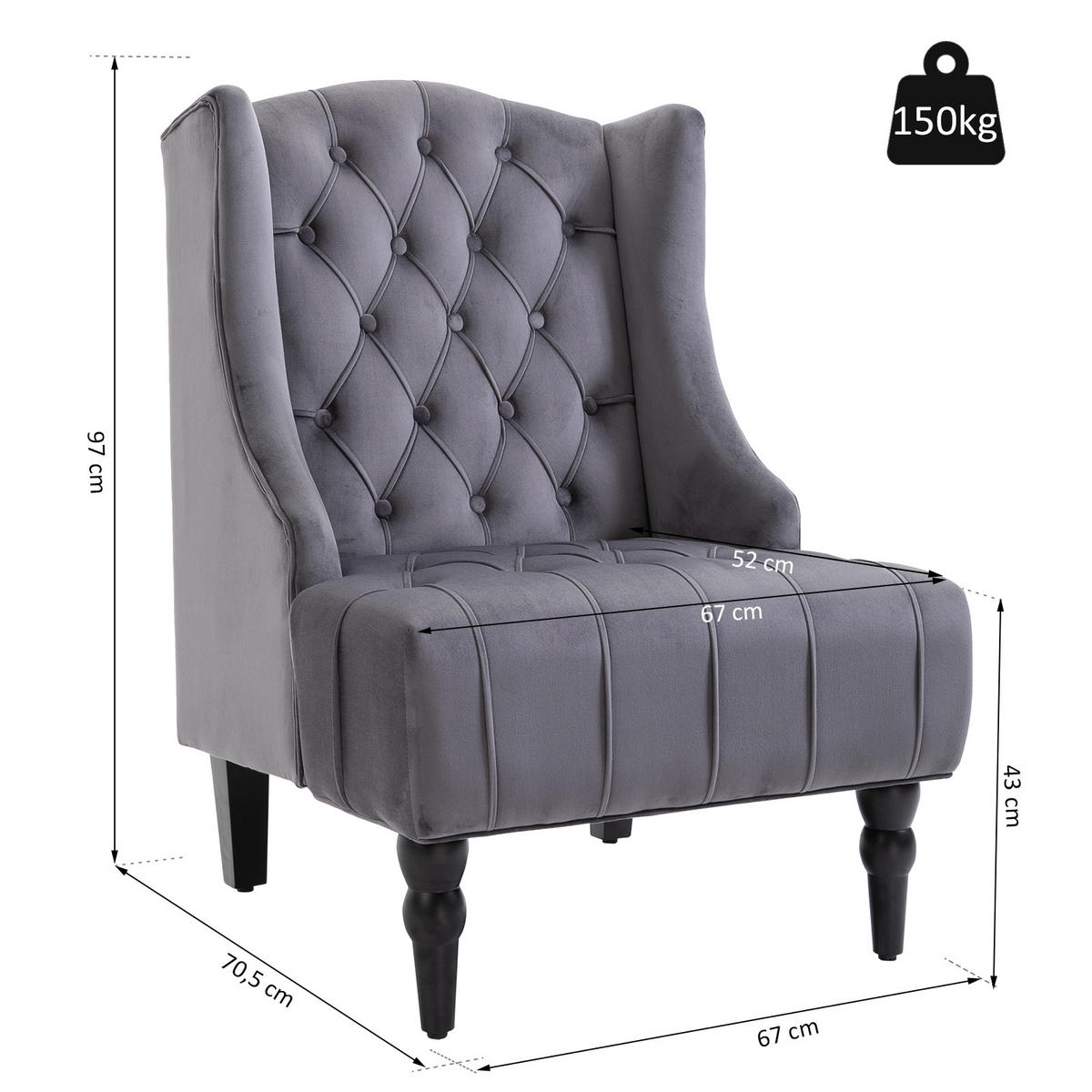 EINZELSESSEL mit Tufting Ohrensessel Relaxsessel erhöhte Beine 3 Farben - Grau, Holz (705/97/67cm) - HOMCOM