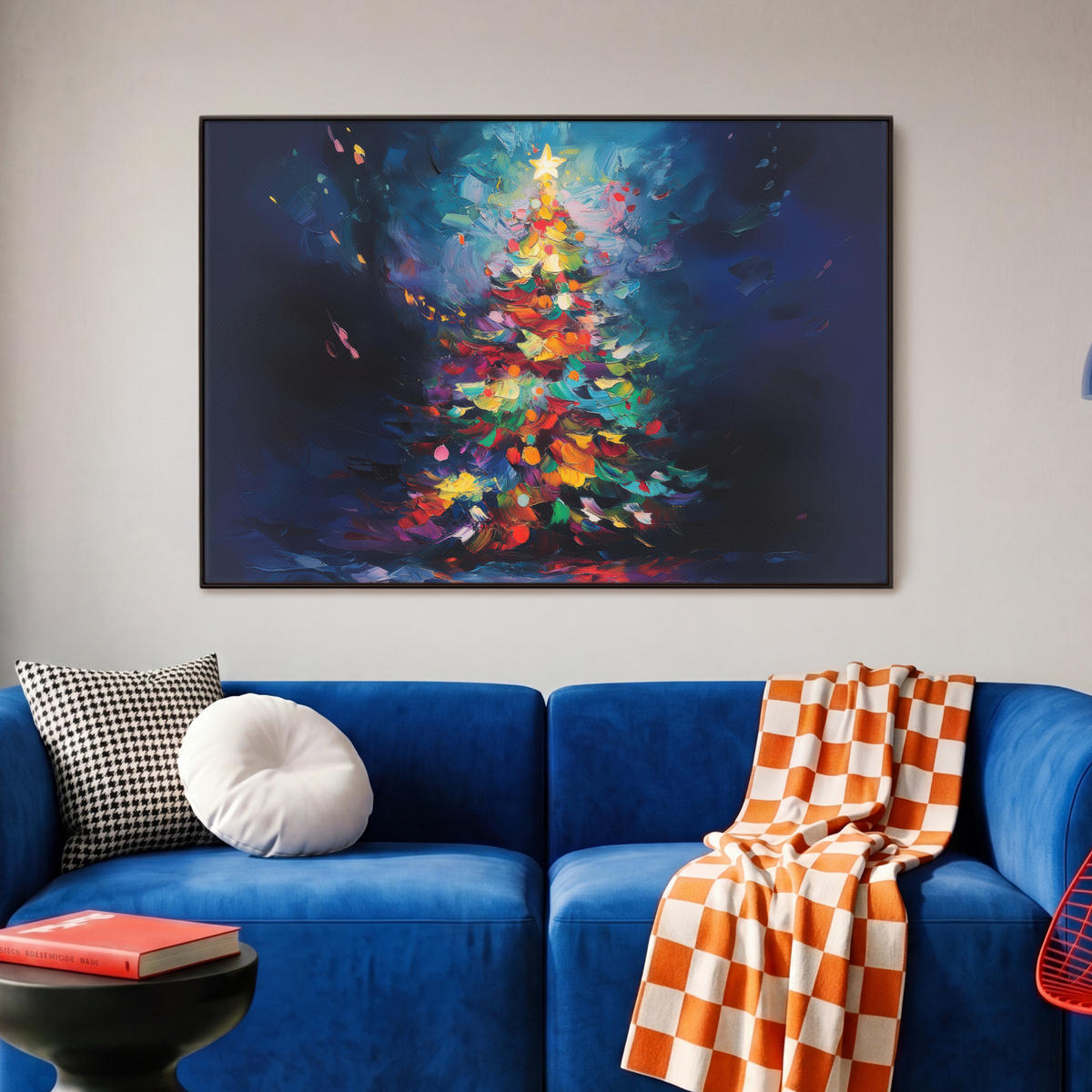 LEINWAND Bilder mit Rahmen - Weihnachtsbaum - Weihnachten - Abstrakt - Farbenfroh - 90x60 - Multicolor, Textil (90/60cm) - MuchoWow