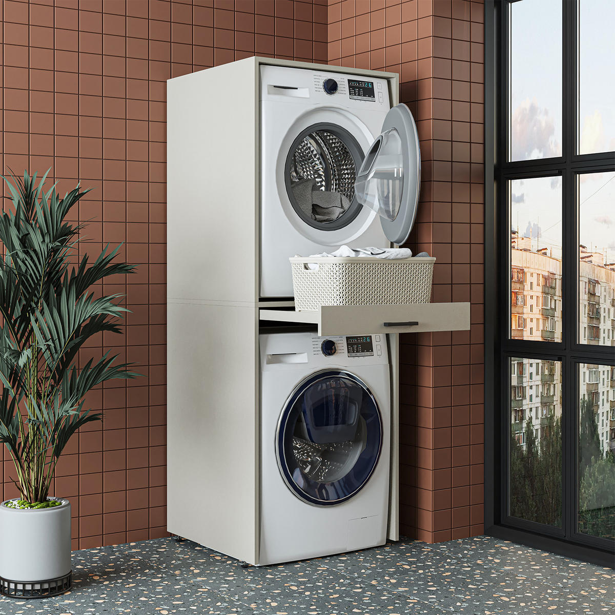 WASCHMASCHINENSCHRANK DUO-I 67cm Breit, 184cm Hoch - Beige, Holzwerkstoff (67/184/67cm)