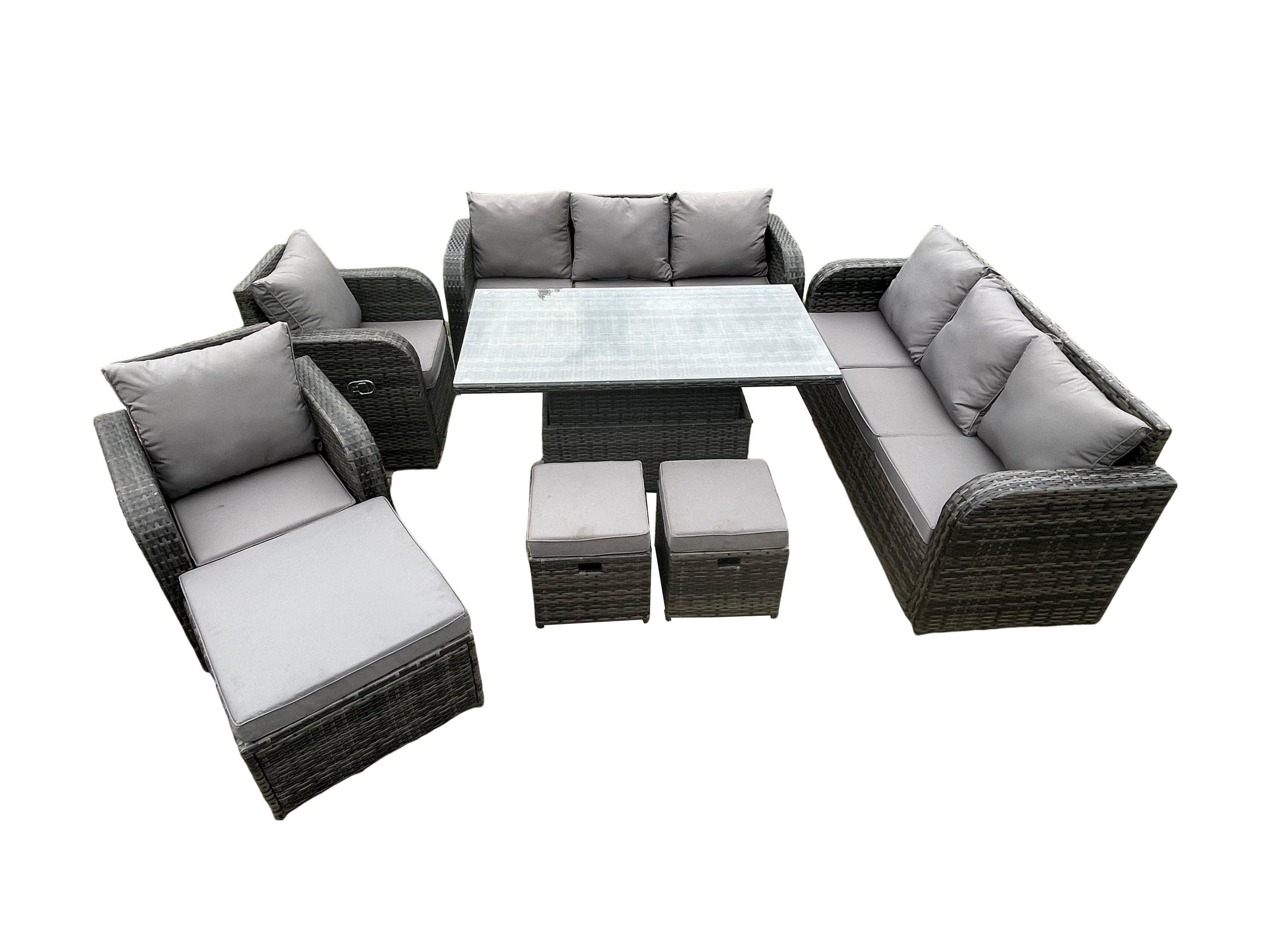 SITZGRUPPE GARTENSET Polyrattan Outdoor 11-Sitzer - Dunkelgrau/Grau, Glas/Kunststoff - Fimous