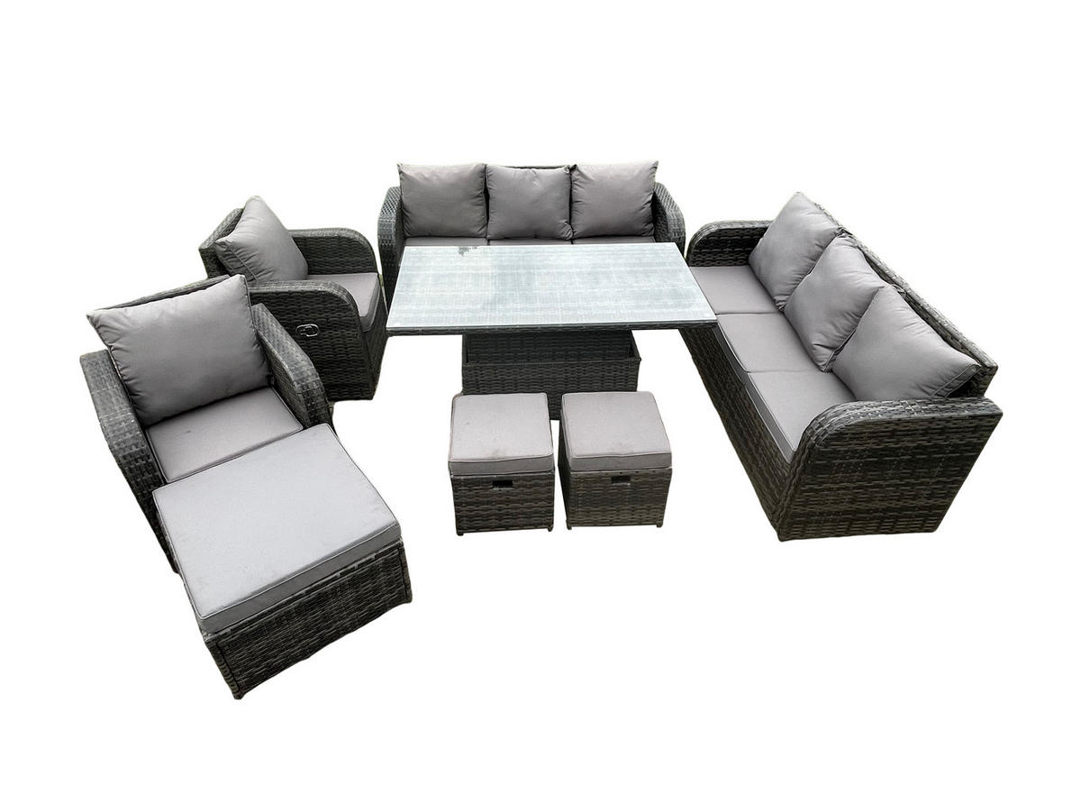 SITZGRUPPE GARTENSET Polyrattan Outdoor 11-Sitzer - Dunkelgrau/Grau, Glas/Kunststoff - Fimous