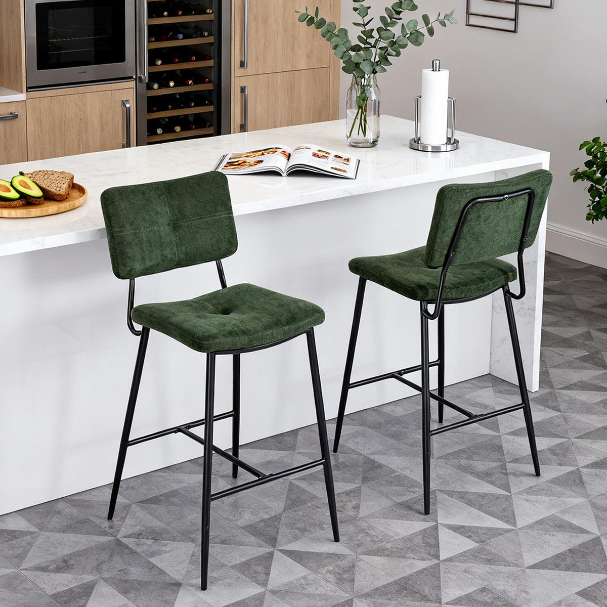 BARHOCKER 2er-Set, 69 cm Sitzhöhe, Gepolsterte Barstühle mit Rückenlehne und Fußstütze - Grün, Textil/Metall (46/102/52cm) - Meubles Cosy