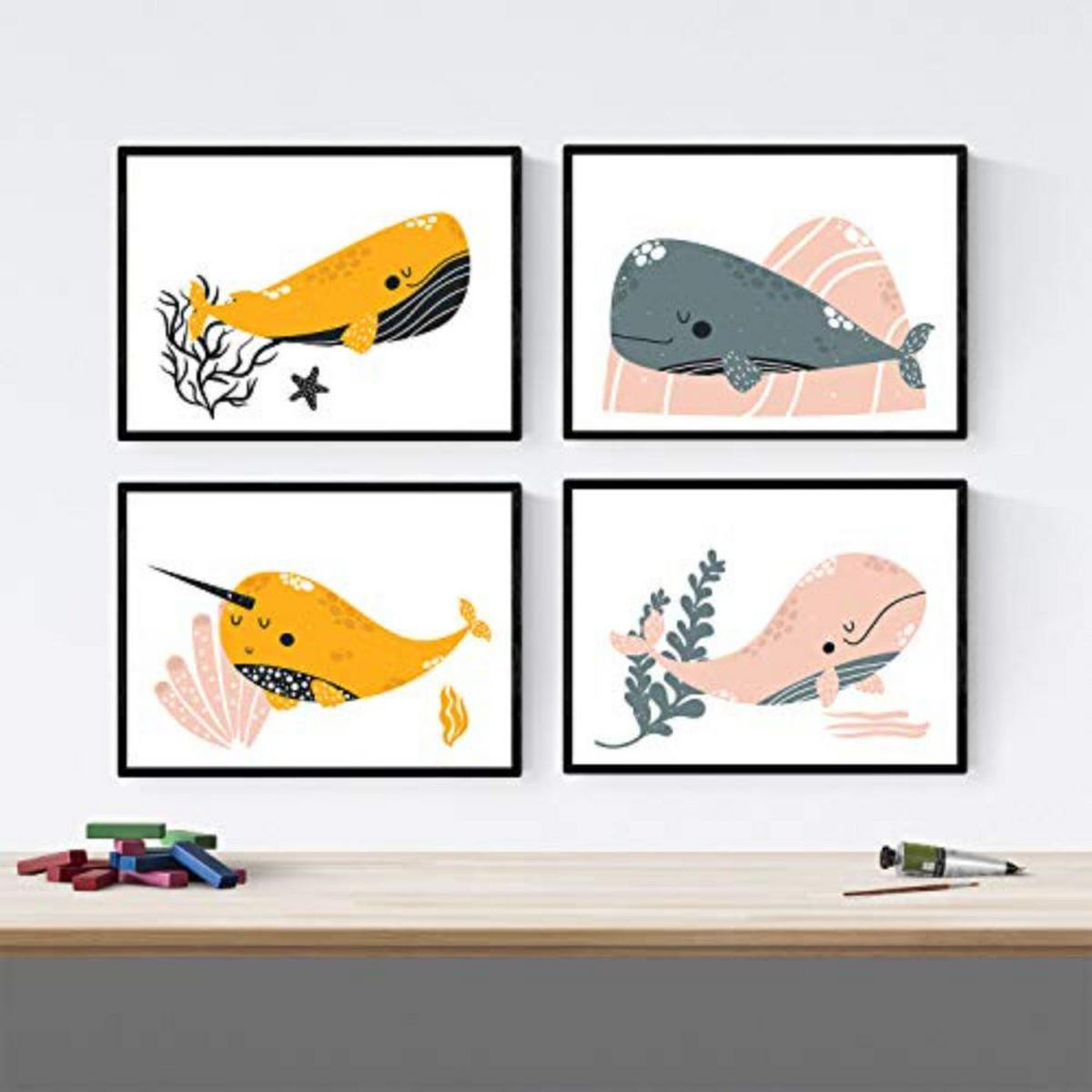 POSTER Set mit 4 Wale im Meer grau orange und rosa A3 Schwarzer Rahmen - Schwarz, Papier (29.7/3cm) - Nacnic