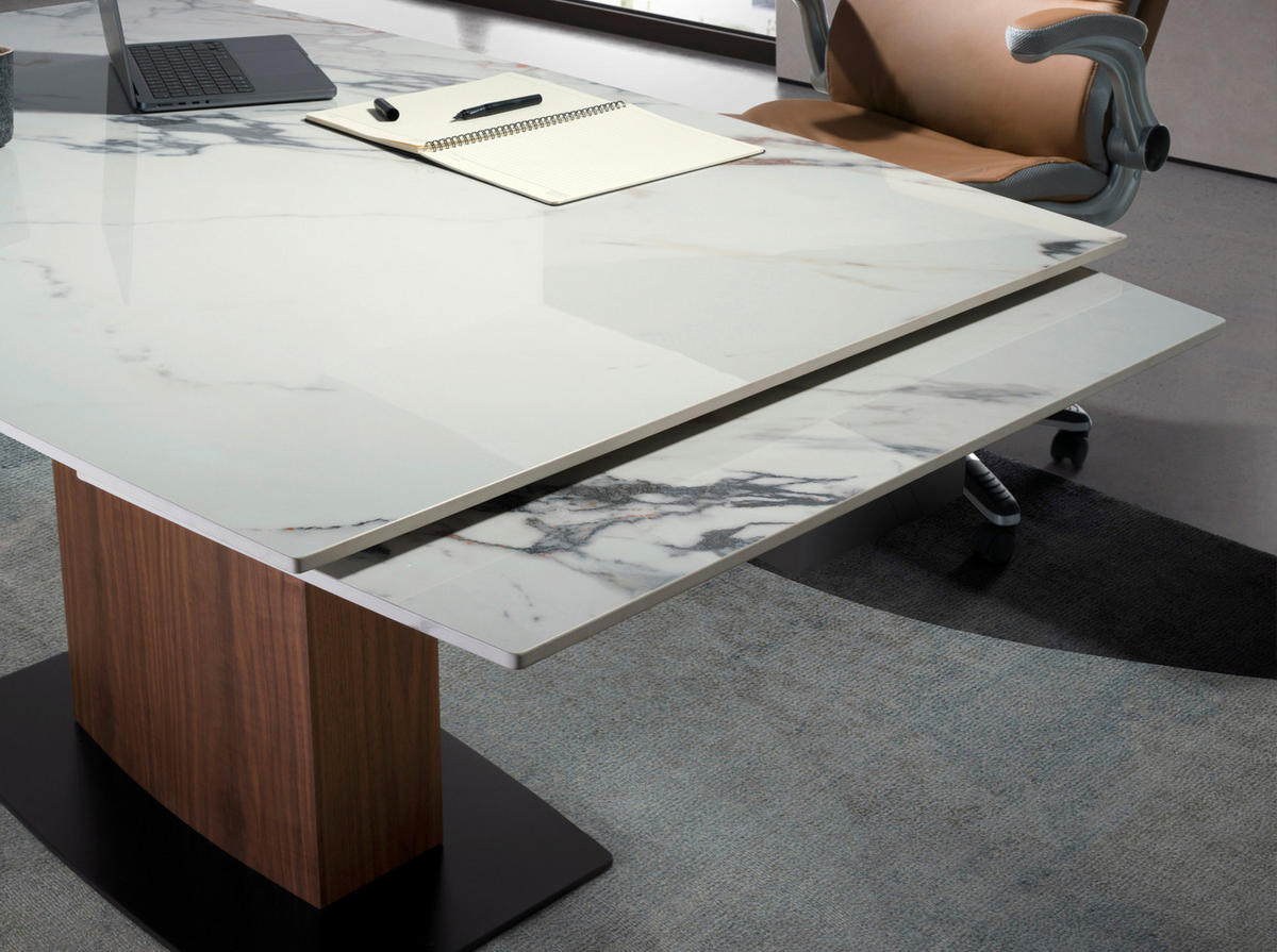 ESSTISCH Ausziehbarer Esstisch ovales Fass porzellanmarmor aus Walnuss Ø160/100/76 cm - Walnussfarben/Schwarz, Stein (100/160/76cm) - ANGEL CERDA