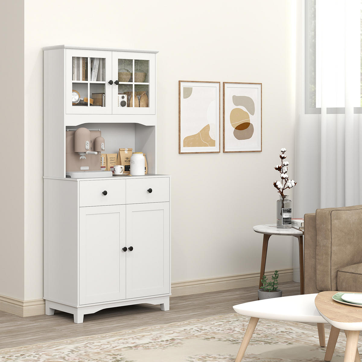 KÜCHENSCHRANK Hochschrank mit Mikrowellenregal, 2 Schränken für Wohnzimmer - Schwarz/Weiß, Holzwerkstoff/Kunststoff (40/172/74.5cm) - HOMCOM