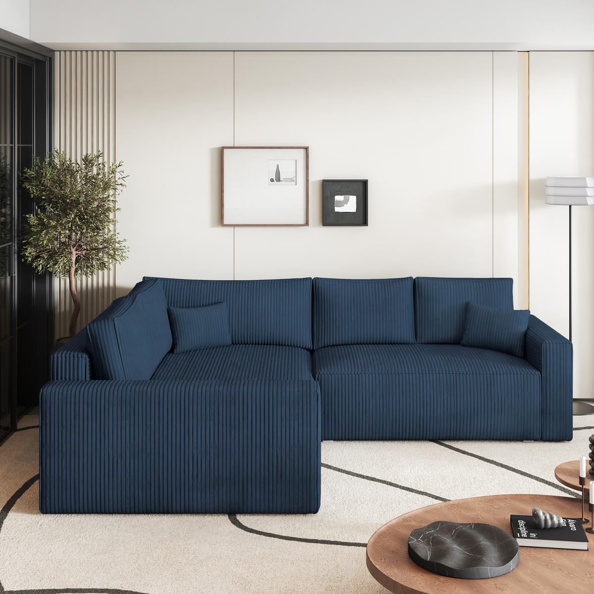 ECKSOFA ERONIS L-S Blau Kordstoff mit Schlaffunktion - Blau, Holz (265/194cm) - MASSENO