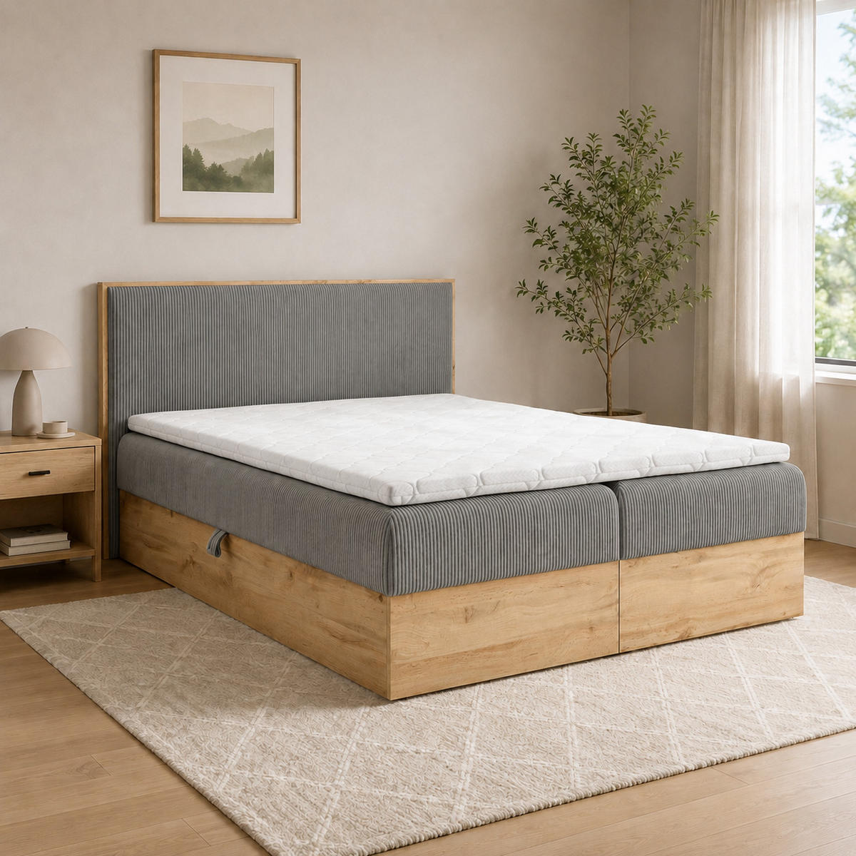 BOXBETT Holzoptik Sonoma mit Topper 160x200 cm Aschgrau - Grau, Textil (160/200cm) - Home Collective