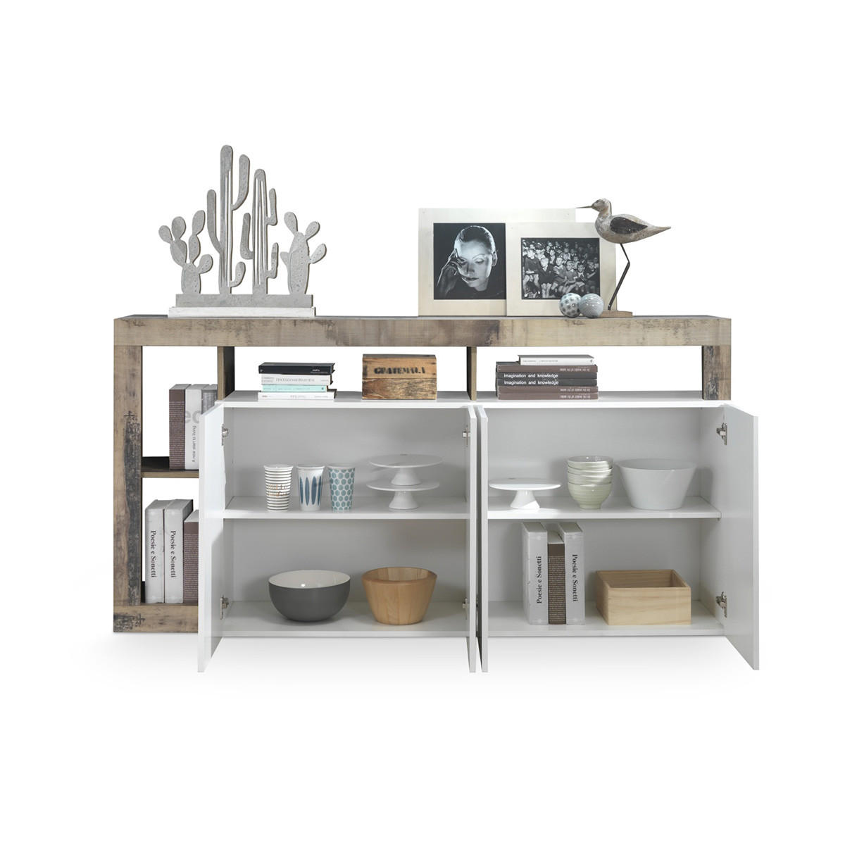 BUFFET 4 Türen Frankfurt - L184 cm - Eichefarben/Weiß, Holzwerkstoff (42/93/184cm) - Calicosy