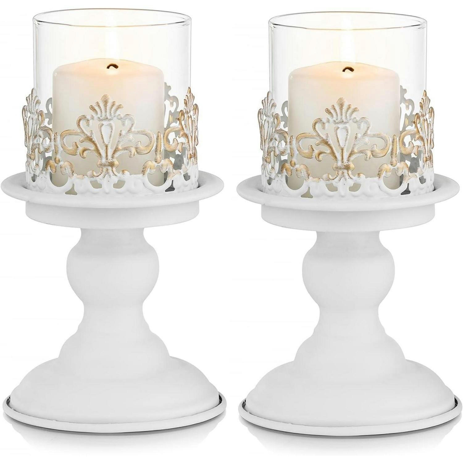 KERZENSTÄNDER 2-teiliges Set Weiß Antik Metall mit Glas-Hurrikan - Weiß, Metall (11.5/20.5/11.5cm)