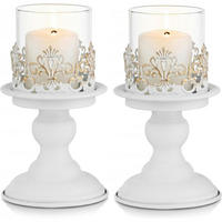 KERZENSTÄNDER 2-teiliges Set Weiß Antik Metall mit Glas-Hurrikan - Weiß, Metall (11.5/20.5/11.5cm)