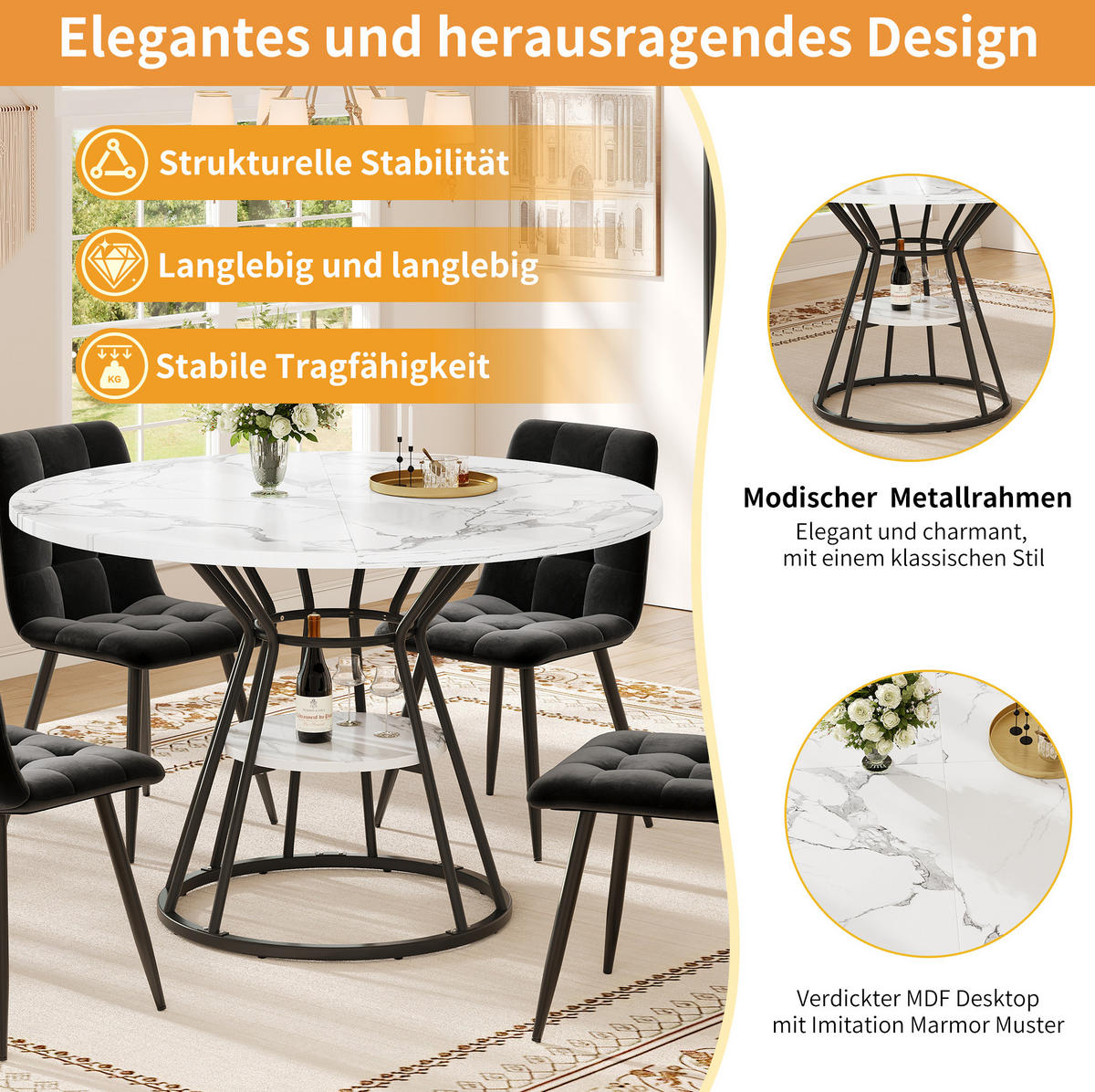 ESSTISCH 100/100/76 cm schwarz mit Ablage und verstellbaren Füßen aus MDF und Metall - Schwarz, Holzwerkstoff (100/100/76cm) - OKWISH