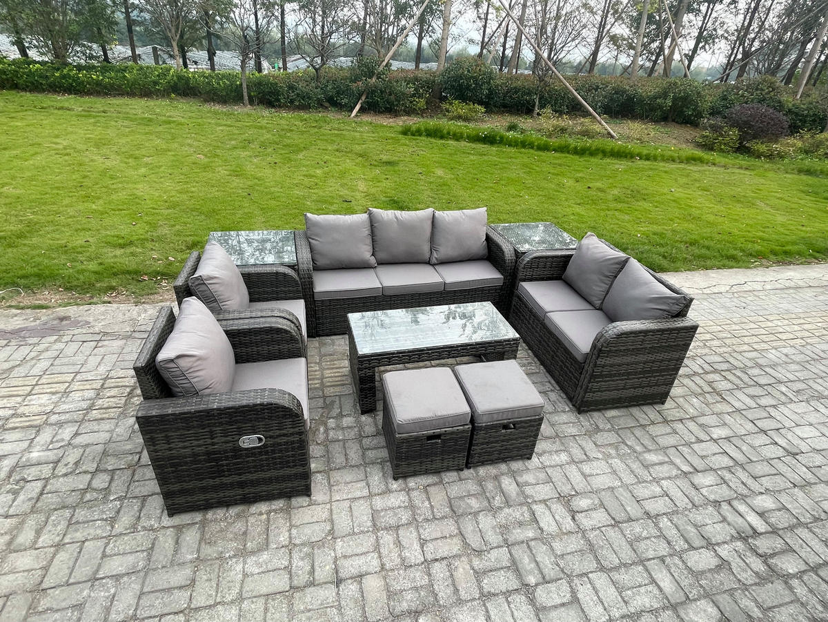 GARTENSOFA SET mit rechteckigem COUCHTISCH Polyrattan 9-Sitzer Dunkelgrau - Dunkelgrau/Grau, Glas/Kunststoff - Fimous