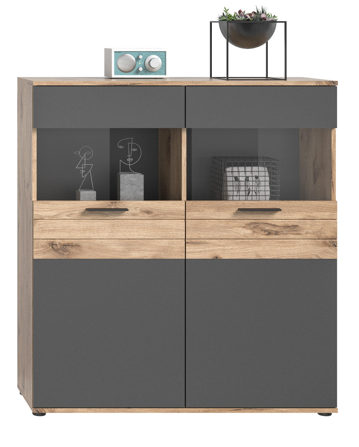 HIGHBOARD Eiche, grau 110/122 cm mit Soft-Close, Wohn- und Esszimmermöbel - Eichefarben/Schwarz, Glas/Holzwerkstoff (110/122/37cm) - Inn.Furn