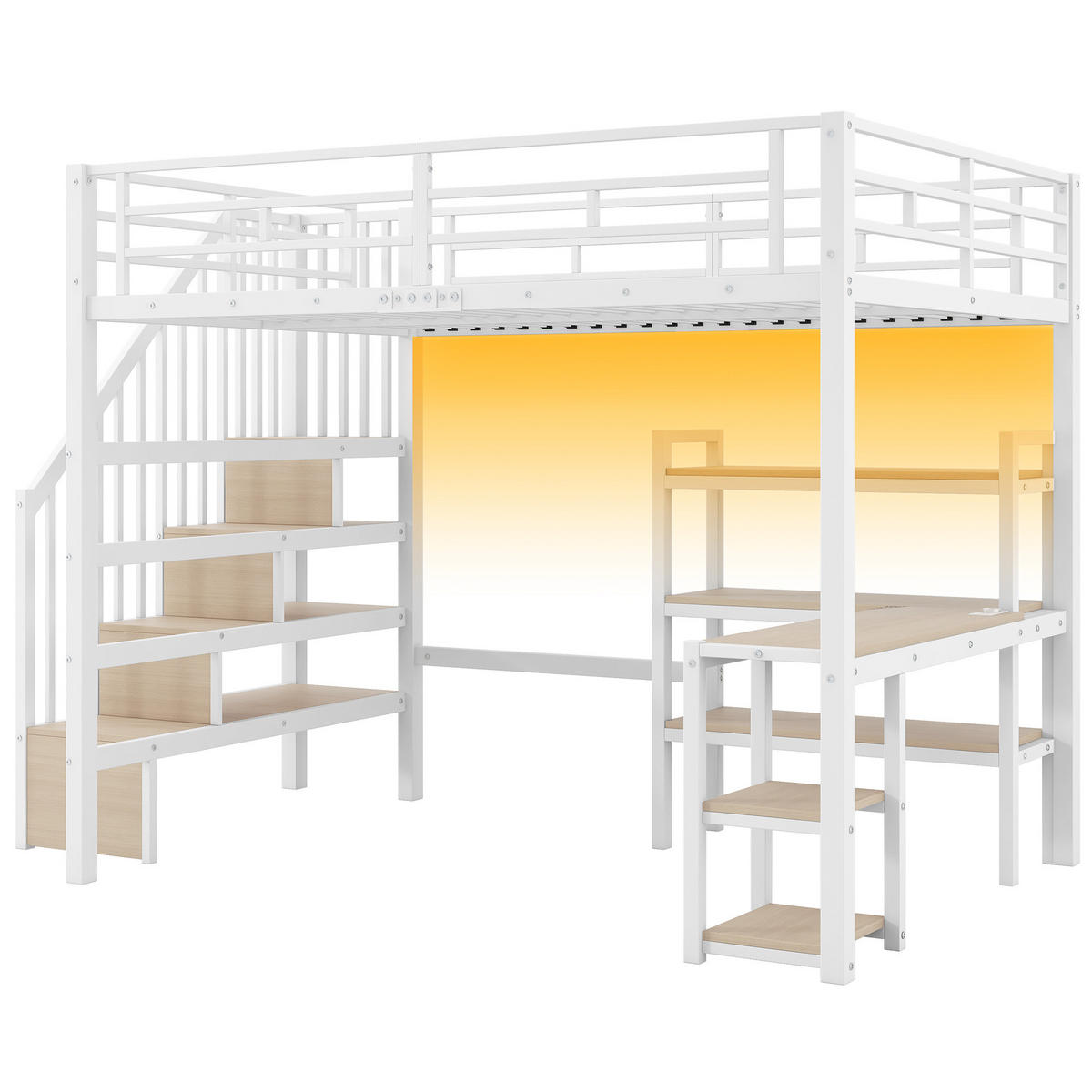 METALL-HOCHBETT MDF 140x200 cm Weiß mit Schreibtisch, Stauraumtreppe, Regal und LED - Weiß, Holzwerkstoff (140/200cm) - Modfu