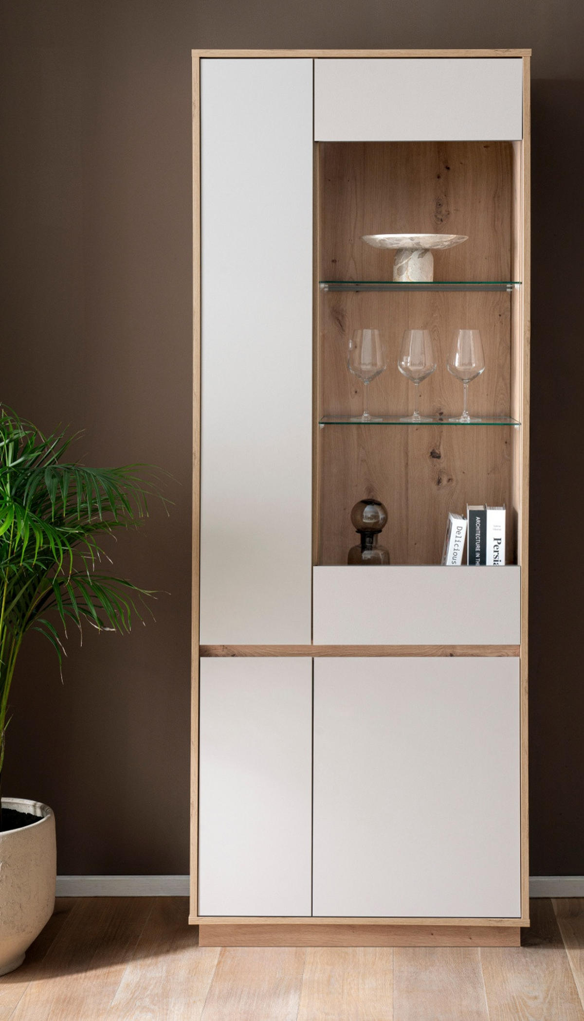 VITRINE Kaschmir, Eiche Artisan 75 cm, Vitrinenschrank mit Soft-Close - Kaschmir/Eiche Artisan, Glas/Holzwerkstoff (75/205/40cm) - Furn.Design