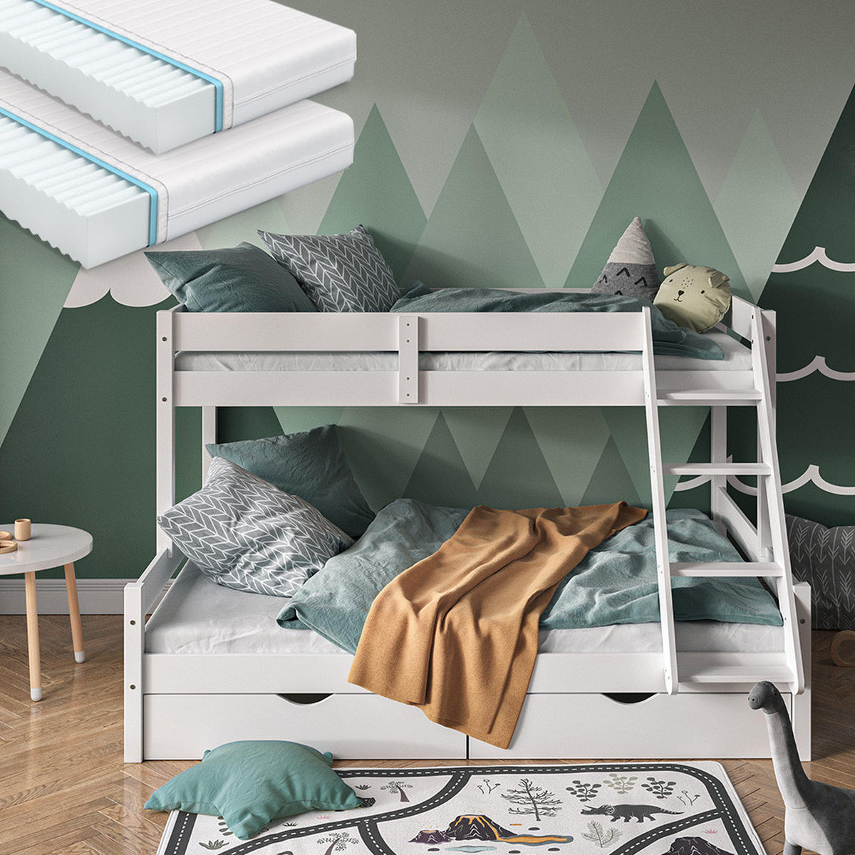 ETAGENBETT Everest Weiß 140x200/90x200 cm mit 2 Matratzen und 2 Schubkästen - Weiß, Holz (140/200cm) - VitaliSpa