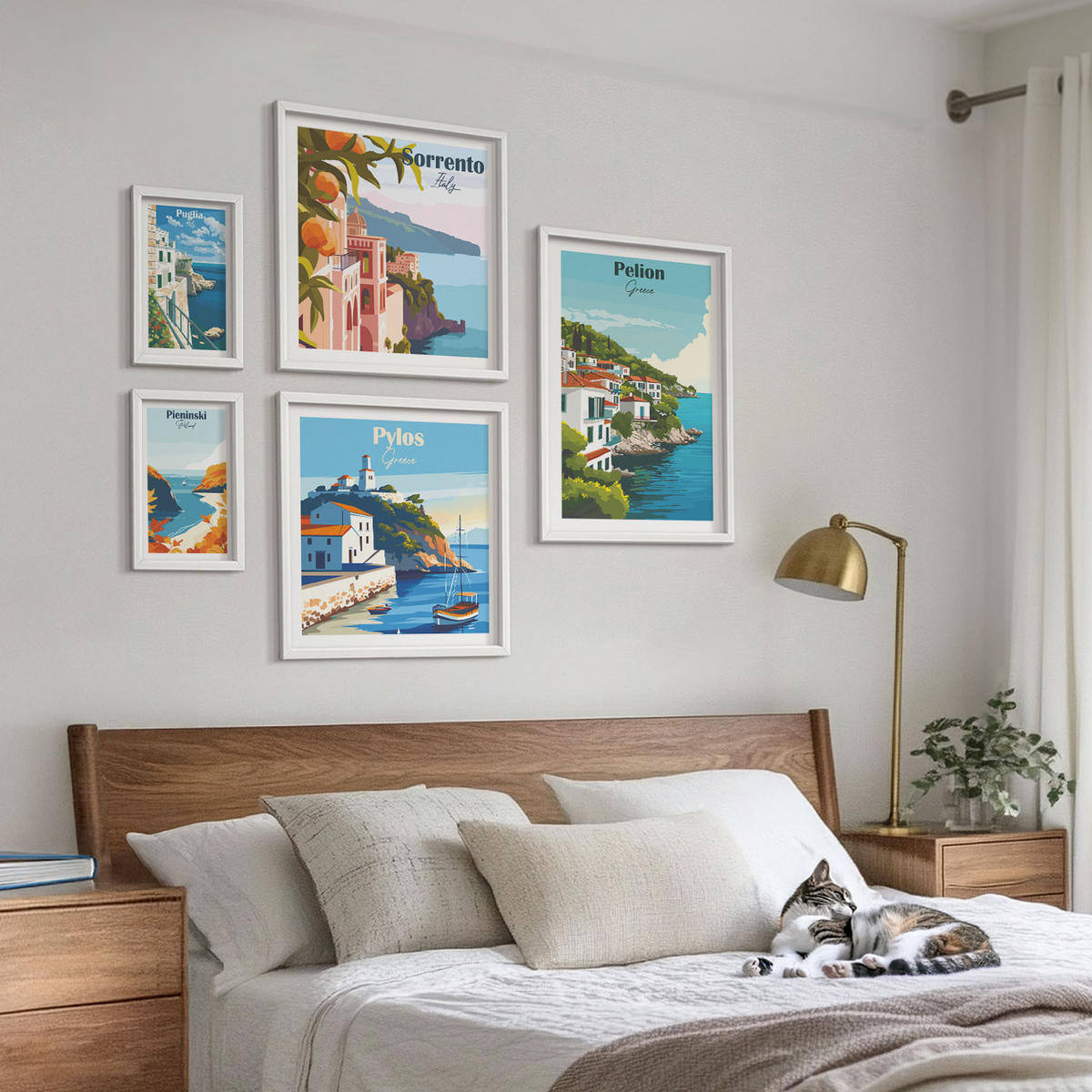 BILDER SET 5er Set - 50x50 cm & 20x30 cm & 40x60 cm Weißer Rahmen - Farbenfrohe Illustrationen von Retro-Städten - Weiß, Kunststoff (40/60cm) - TULUP
