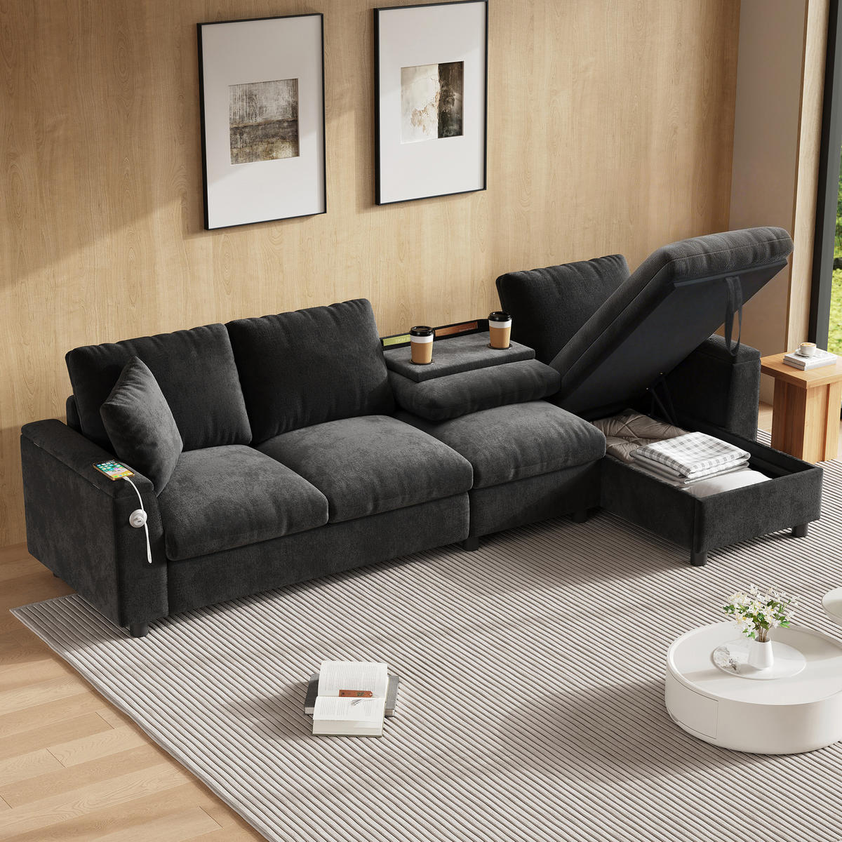 SOFA Grau L-Form Chenille Stauraum USB Couchtisch flexibel - Grau, Textil (137/84/280cm) - FLIEKS