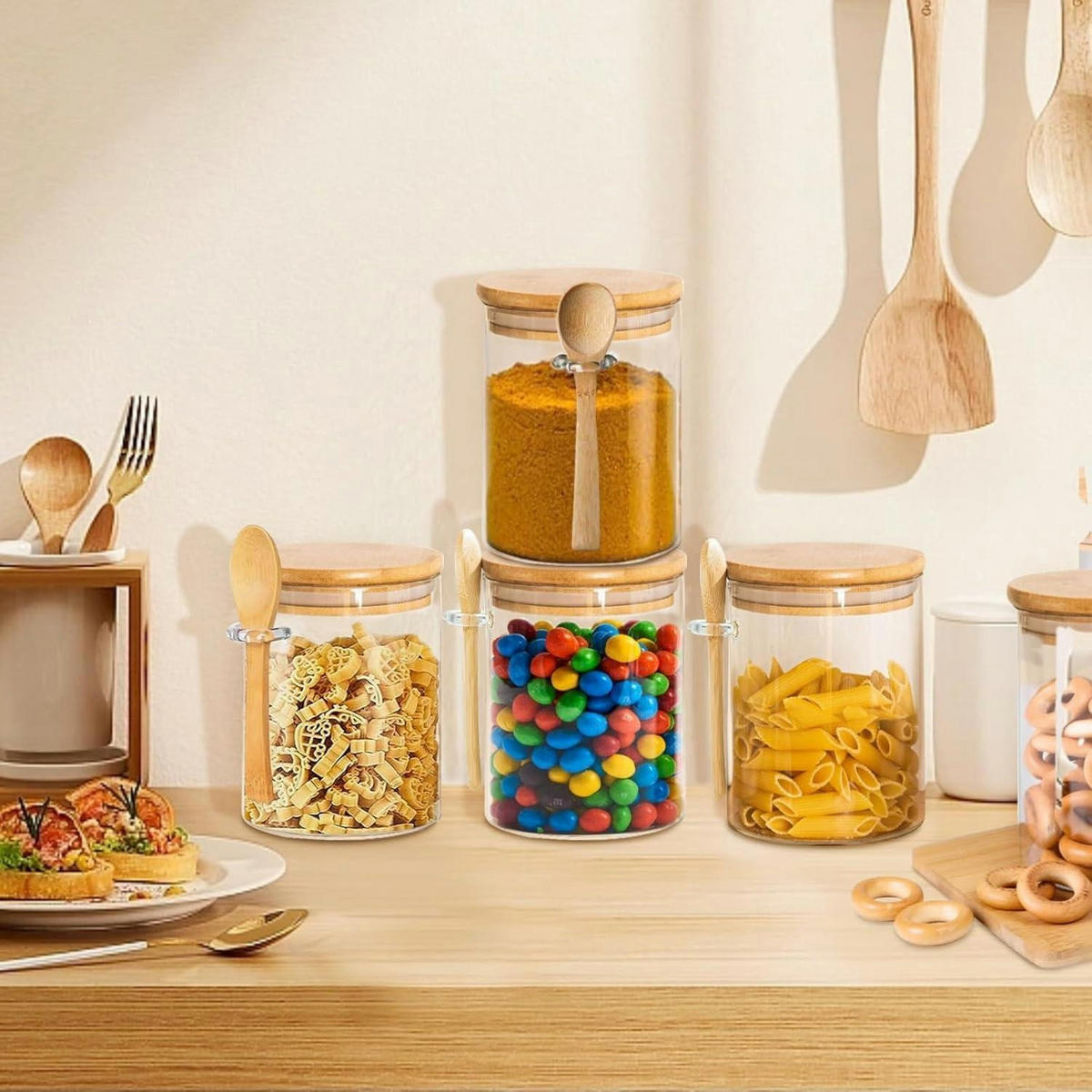 VORRATSGLÄSER 3-teiliges Set mit Löffel 600 ml - Multicolor, Glas (8.5/12.5/8.5cm)