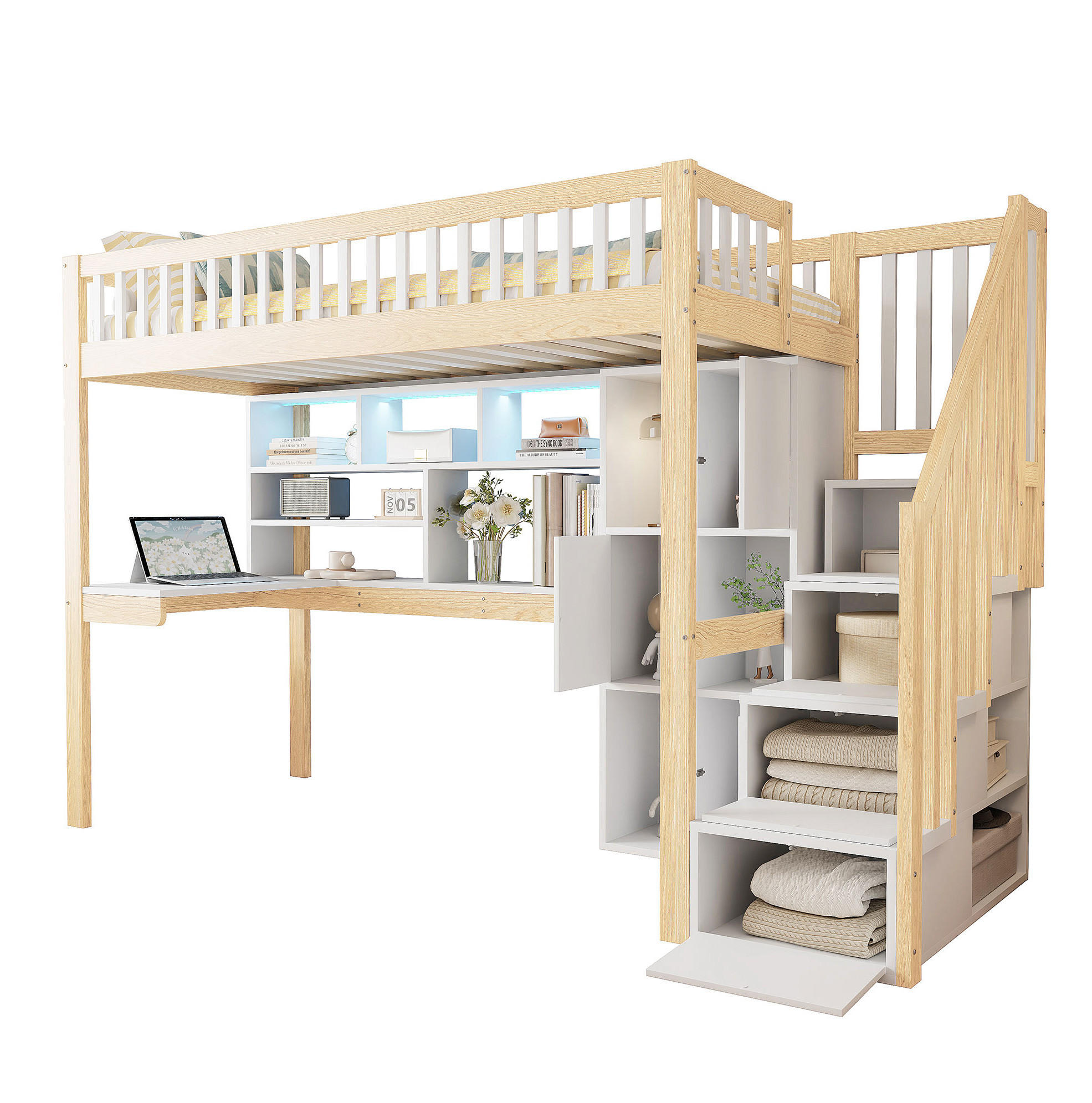 HOCHBETT 90/200 cm Weiß/Natur aus Kiefernholz und MDF mit Schreibtisch - Weiß, Holz (90/200cm) - OKMYHOME