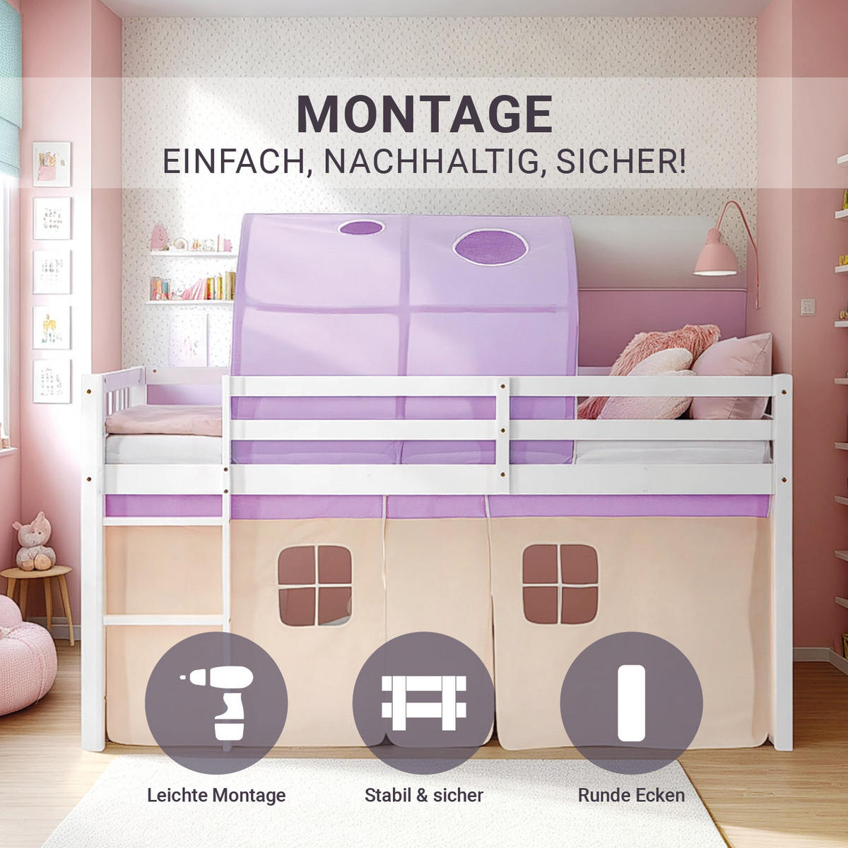 HOCHBETT 90/200 cm in weiß mit Bettvorhang + Tunnel in peach - Lila/Weiß, Holz - Homestyle4u